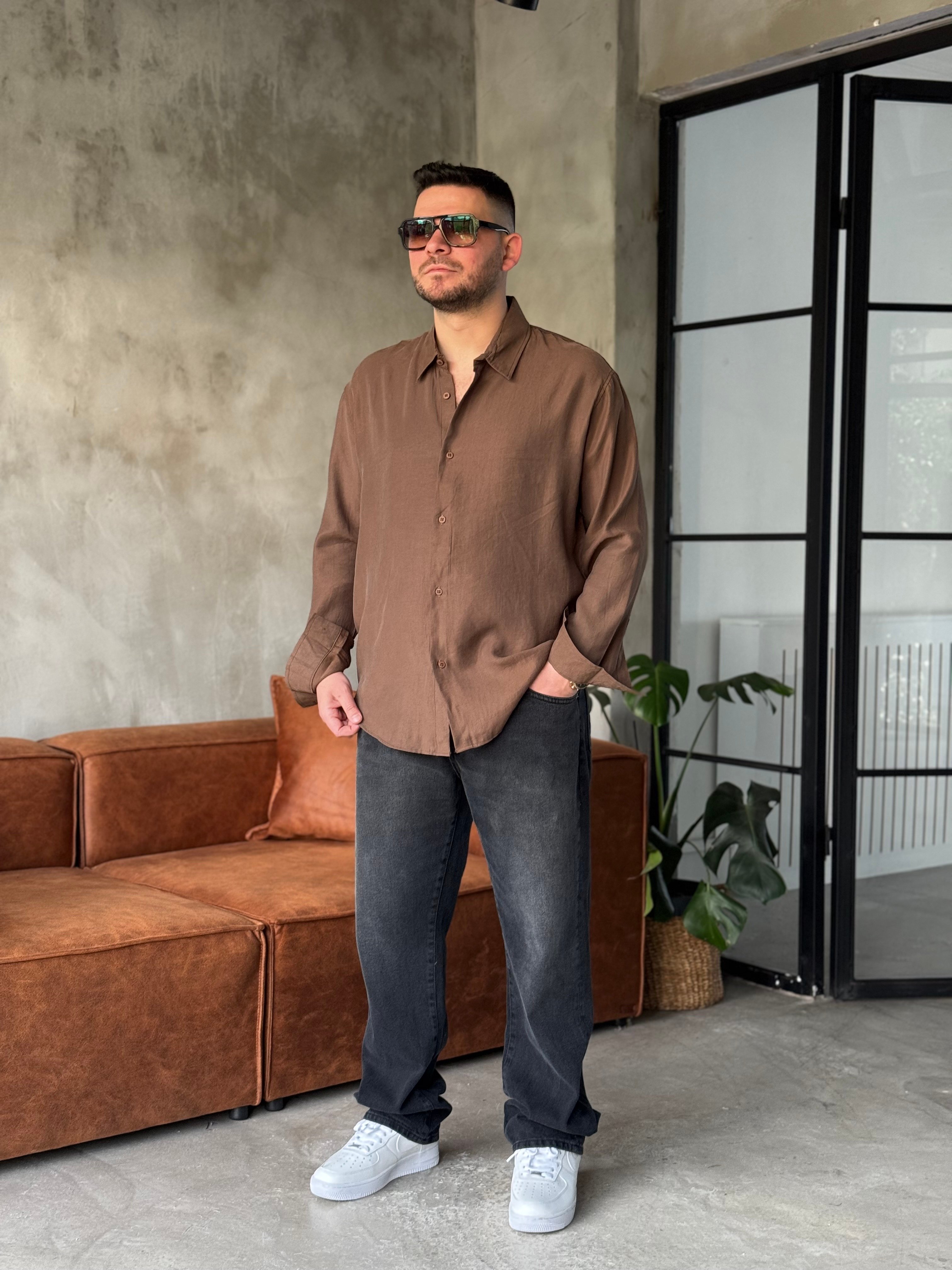 Kahverengi Tensel Kumaş Oversize Gömlek