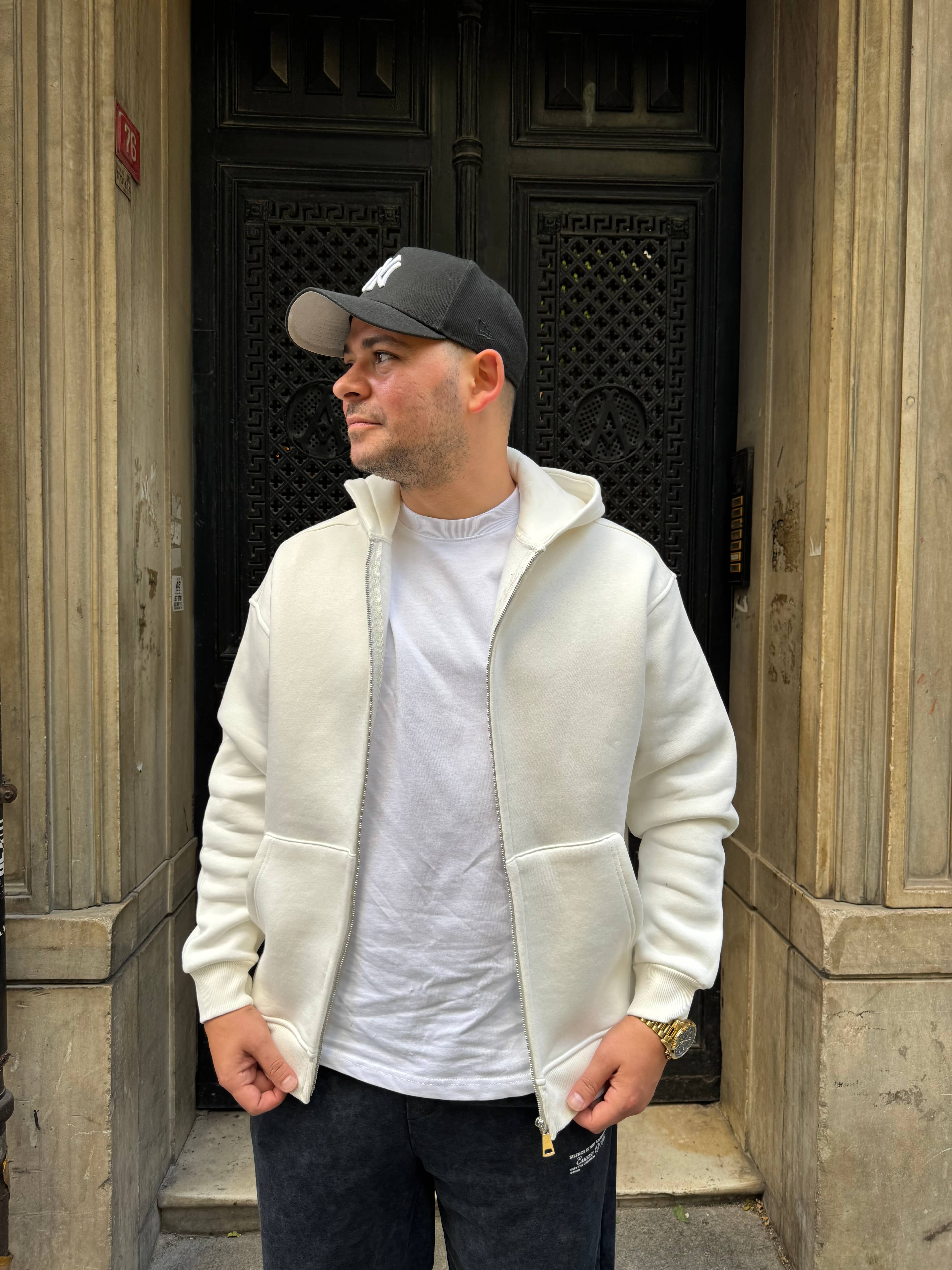 Beyaz Oversize Şardonlu Kapüşonlu Polar