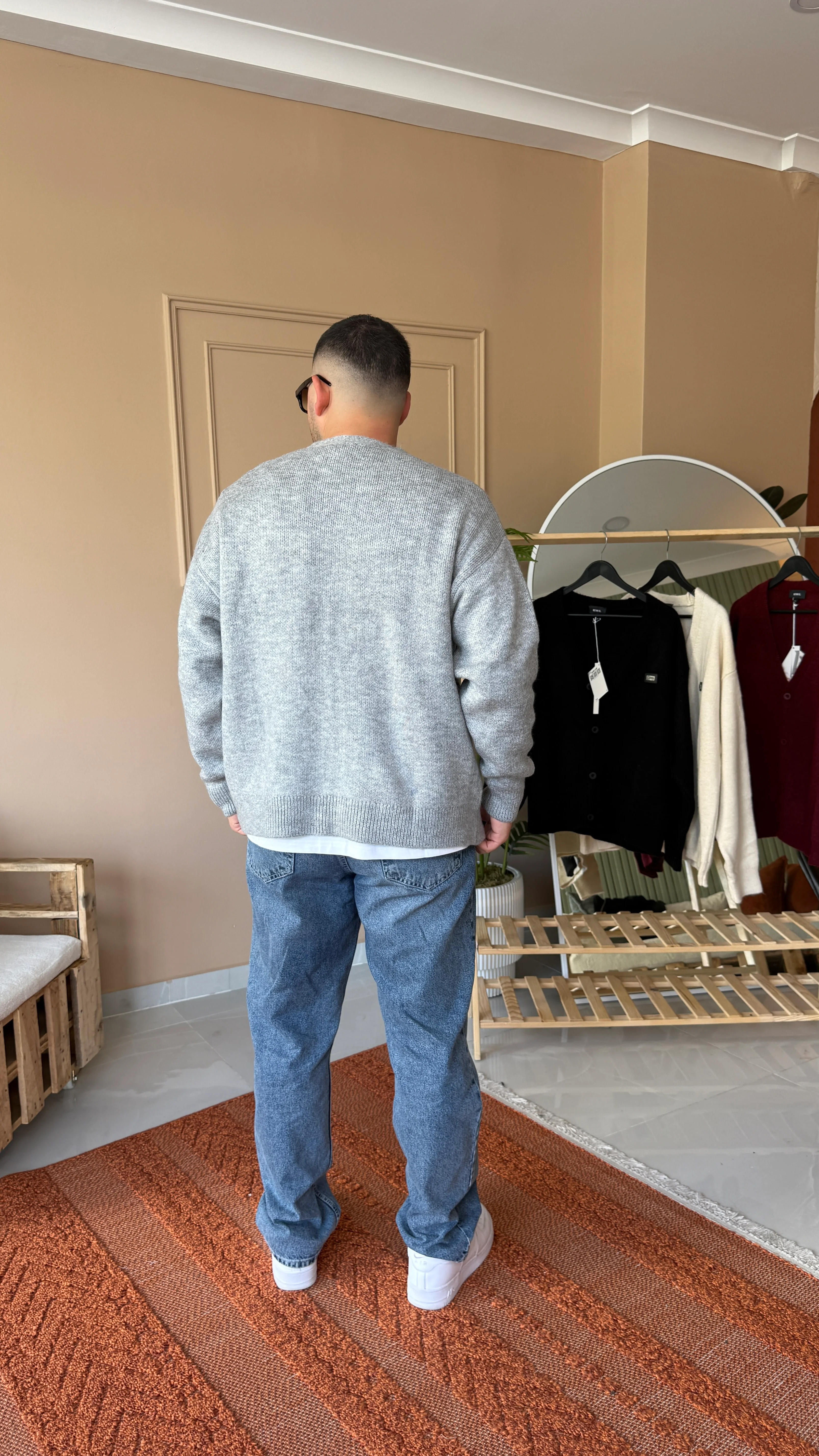 Gri Oversize Pamuklu Düğmeli Hırka