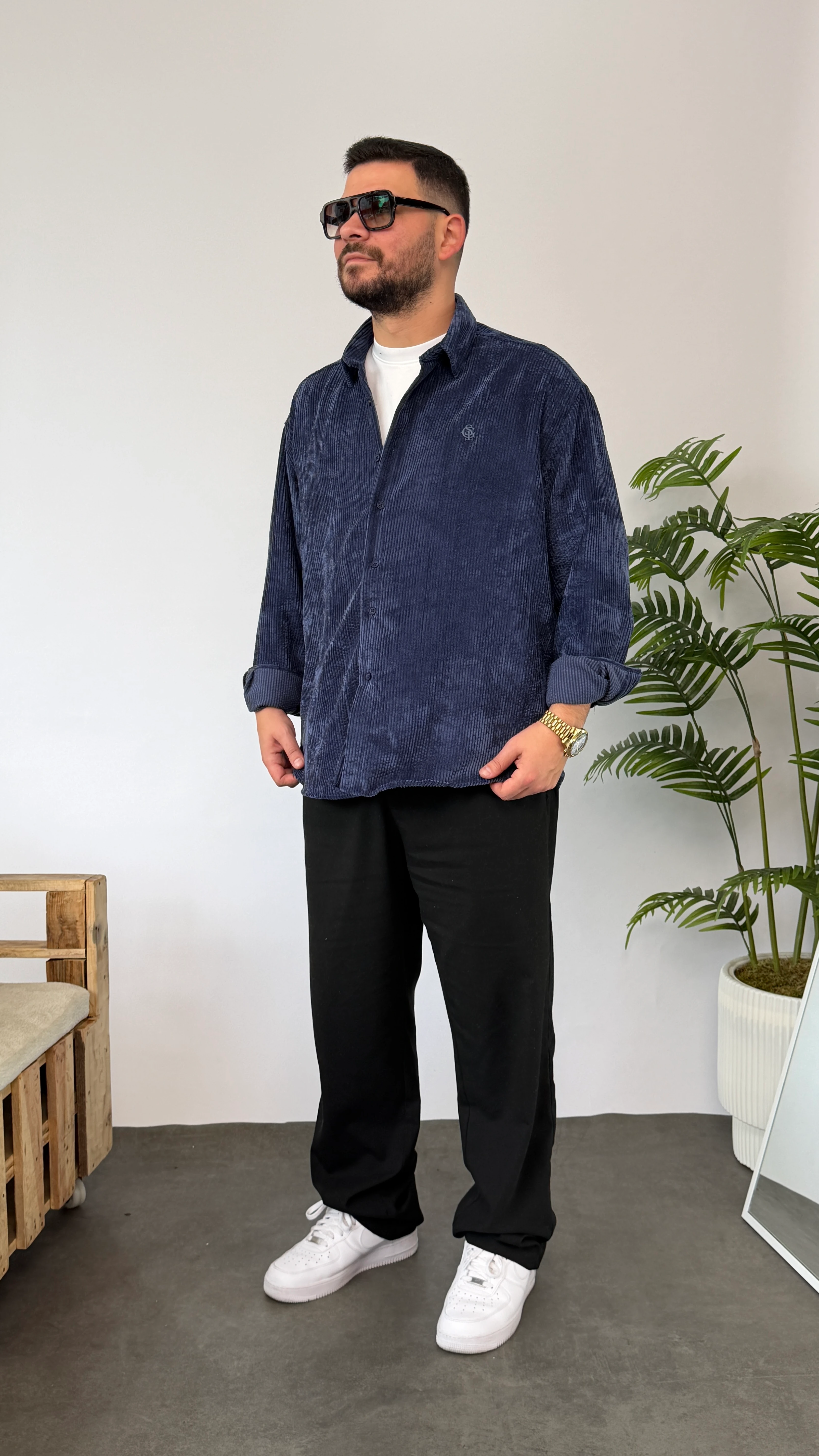 Giesto Lacivert Kadife Oversize Gömlek