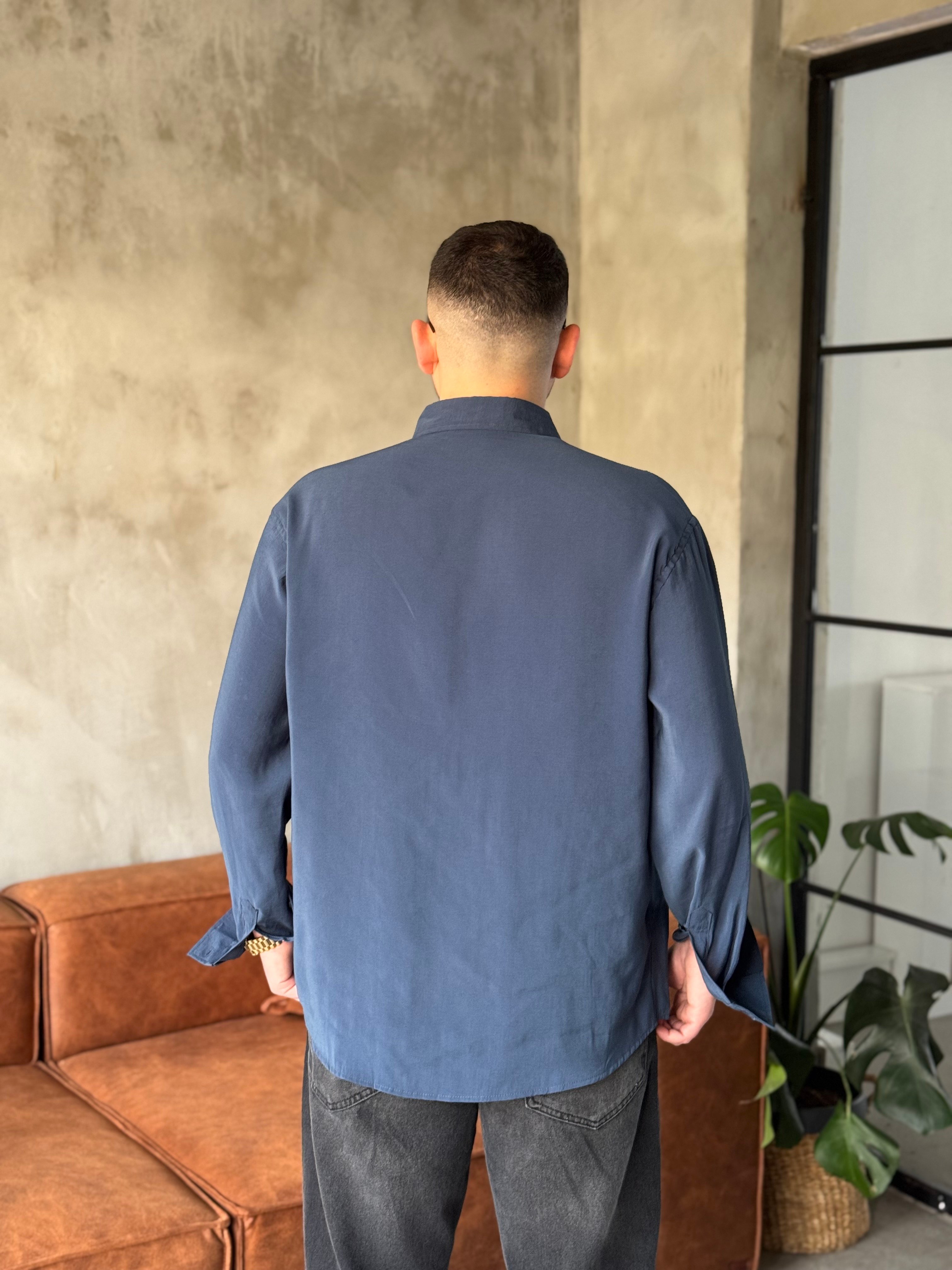 Lacivert Tensel Kumaş Oversize Gömlek