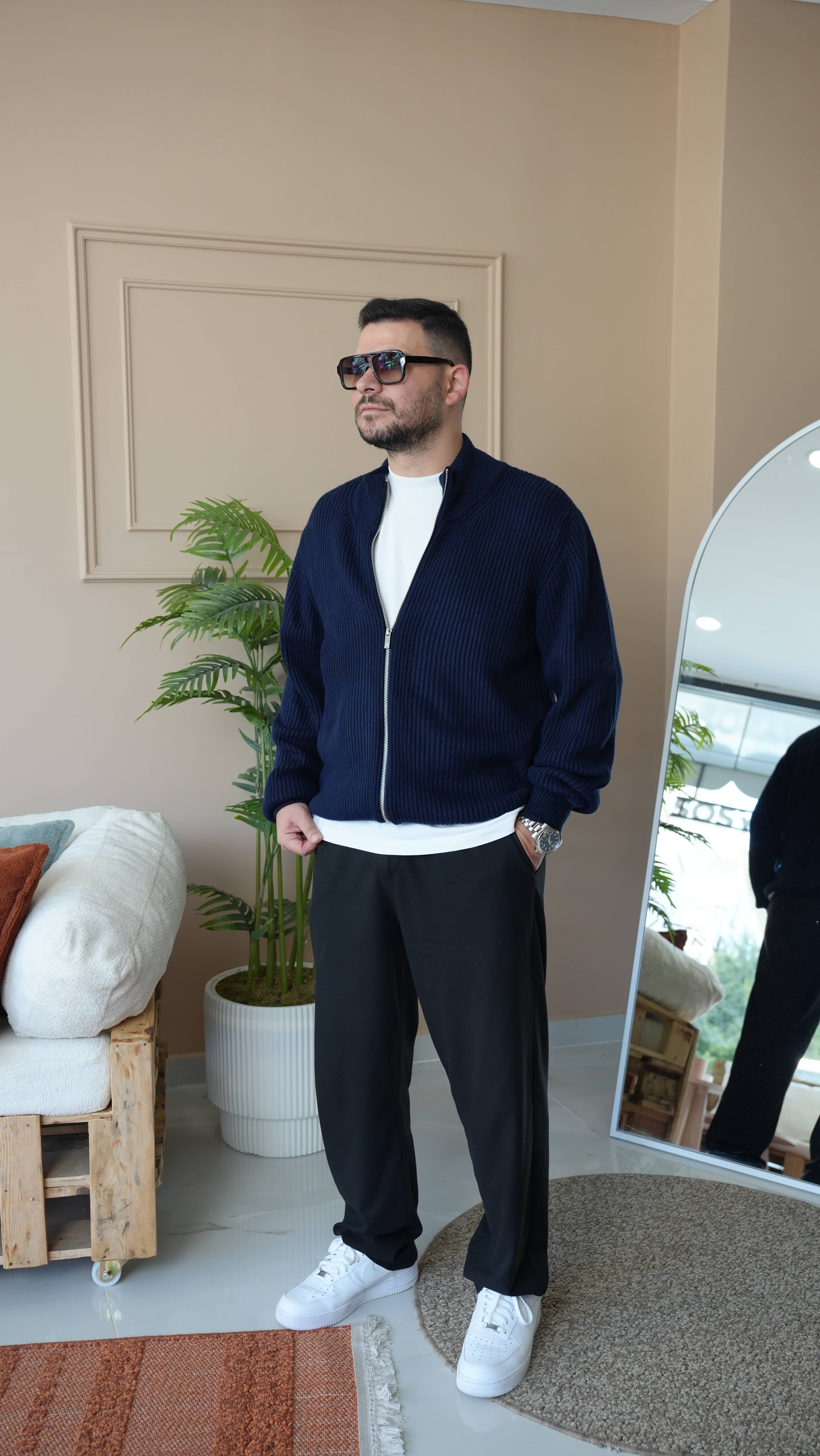 Lacivert Oversize Tam Fermuarlı Triko