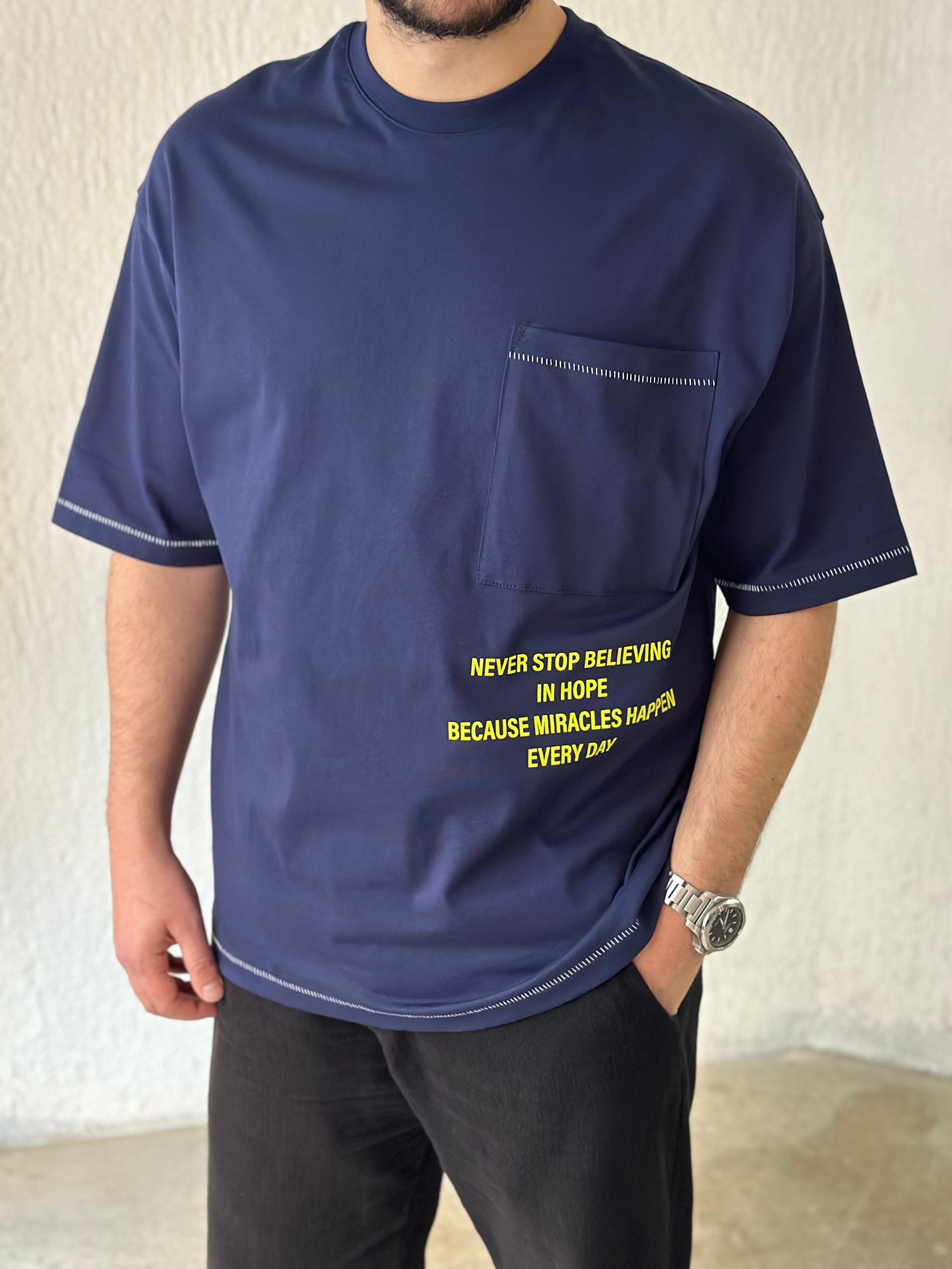 Şerit Desenli Lacivert Oversize T-Shirt