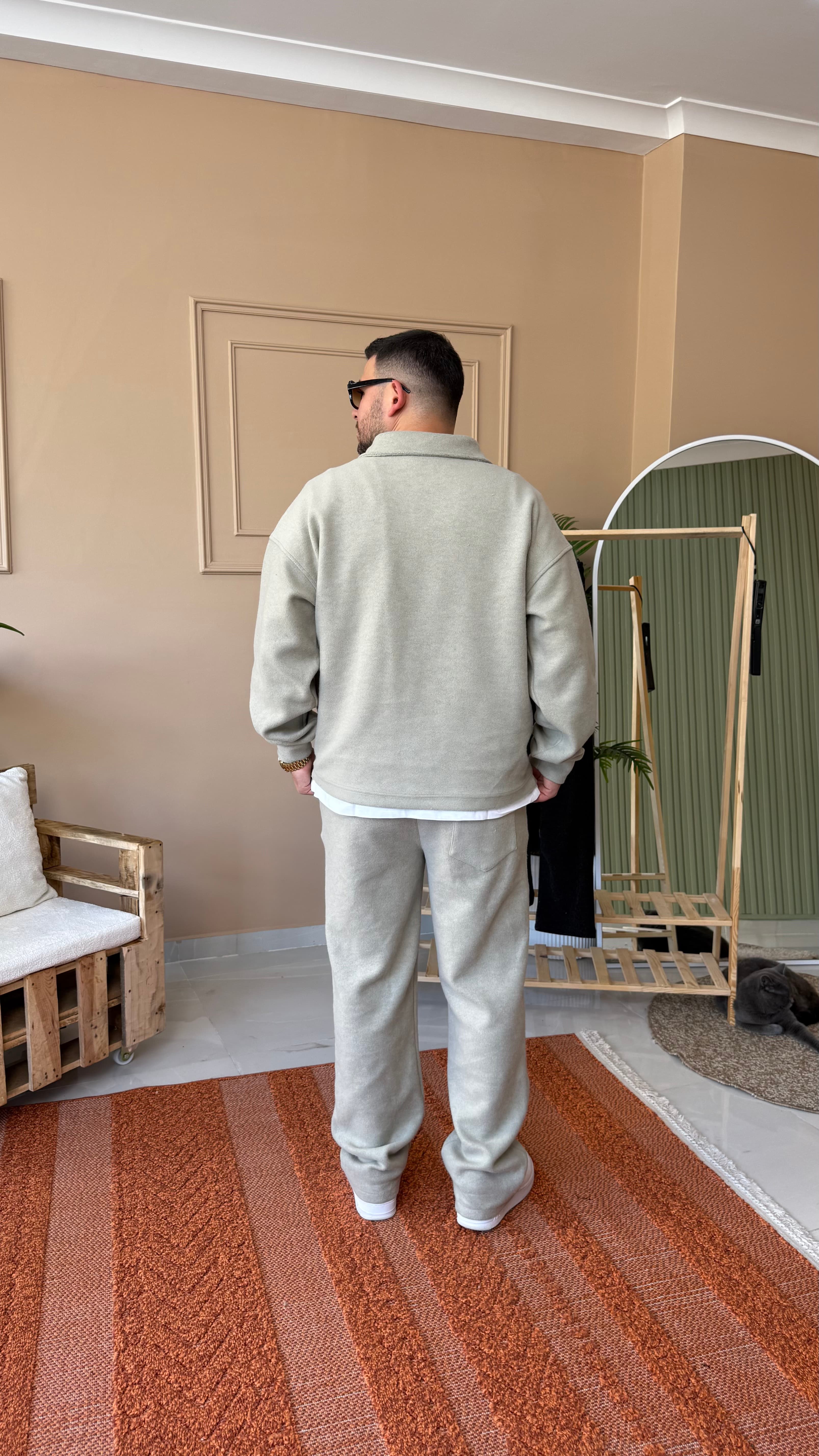 Taş Rengi Premium Kalite Kaşe Yarım Fermuarlı Oversize Takım