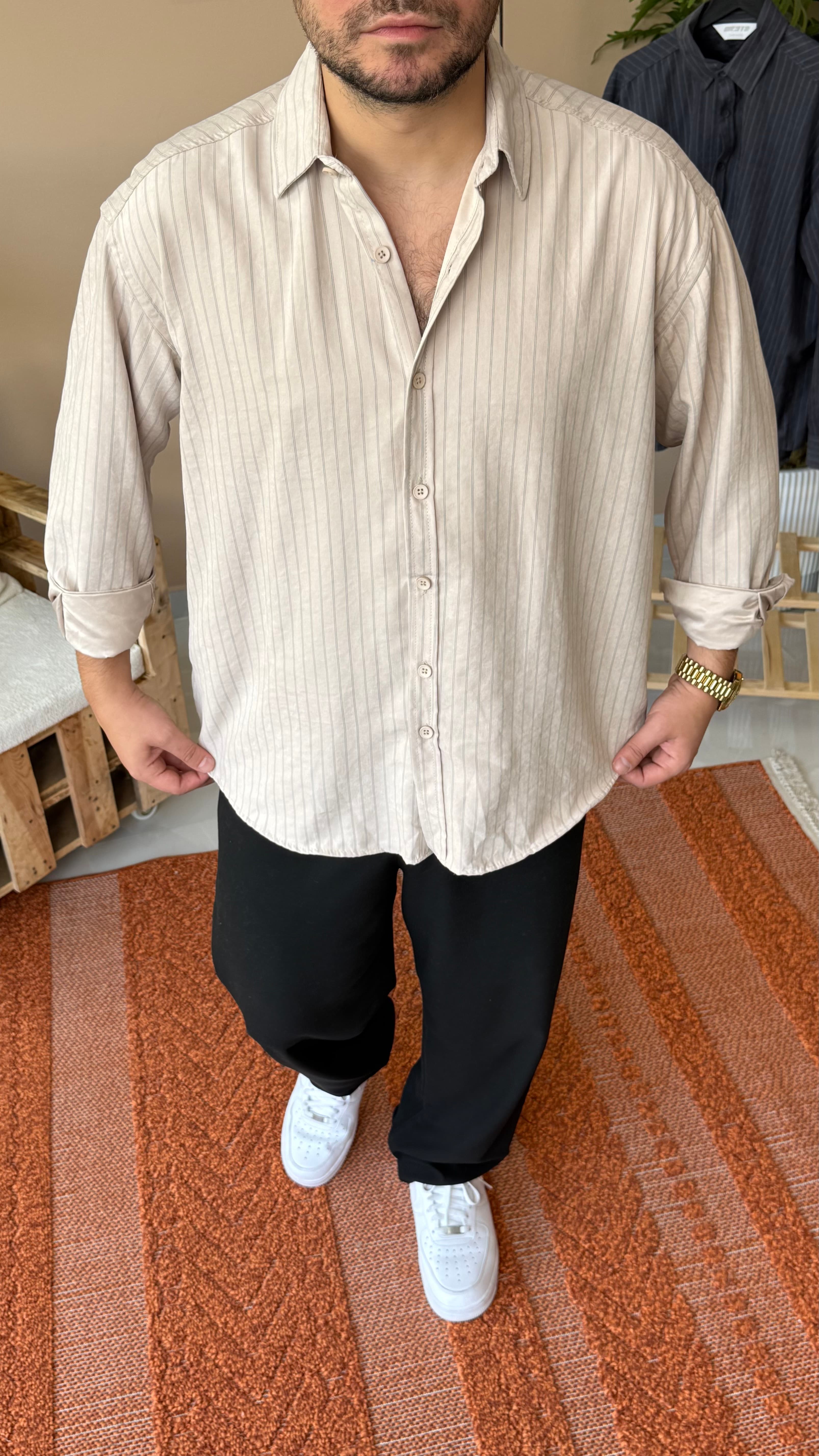 Krem Kalın Modal Oversize Gömlek