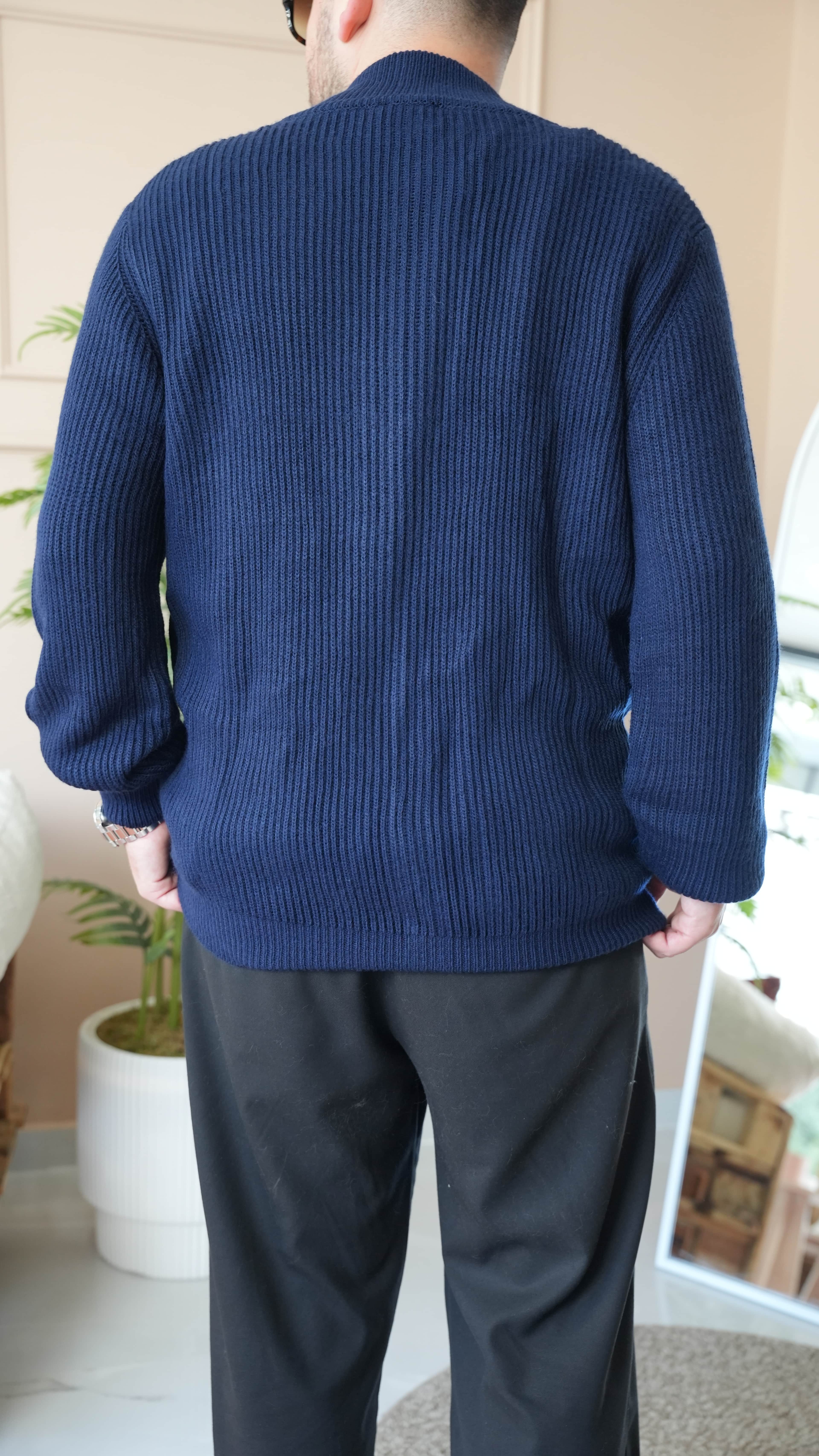 Lacivert Oversize Tam Fermuarlı Triko