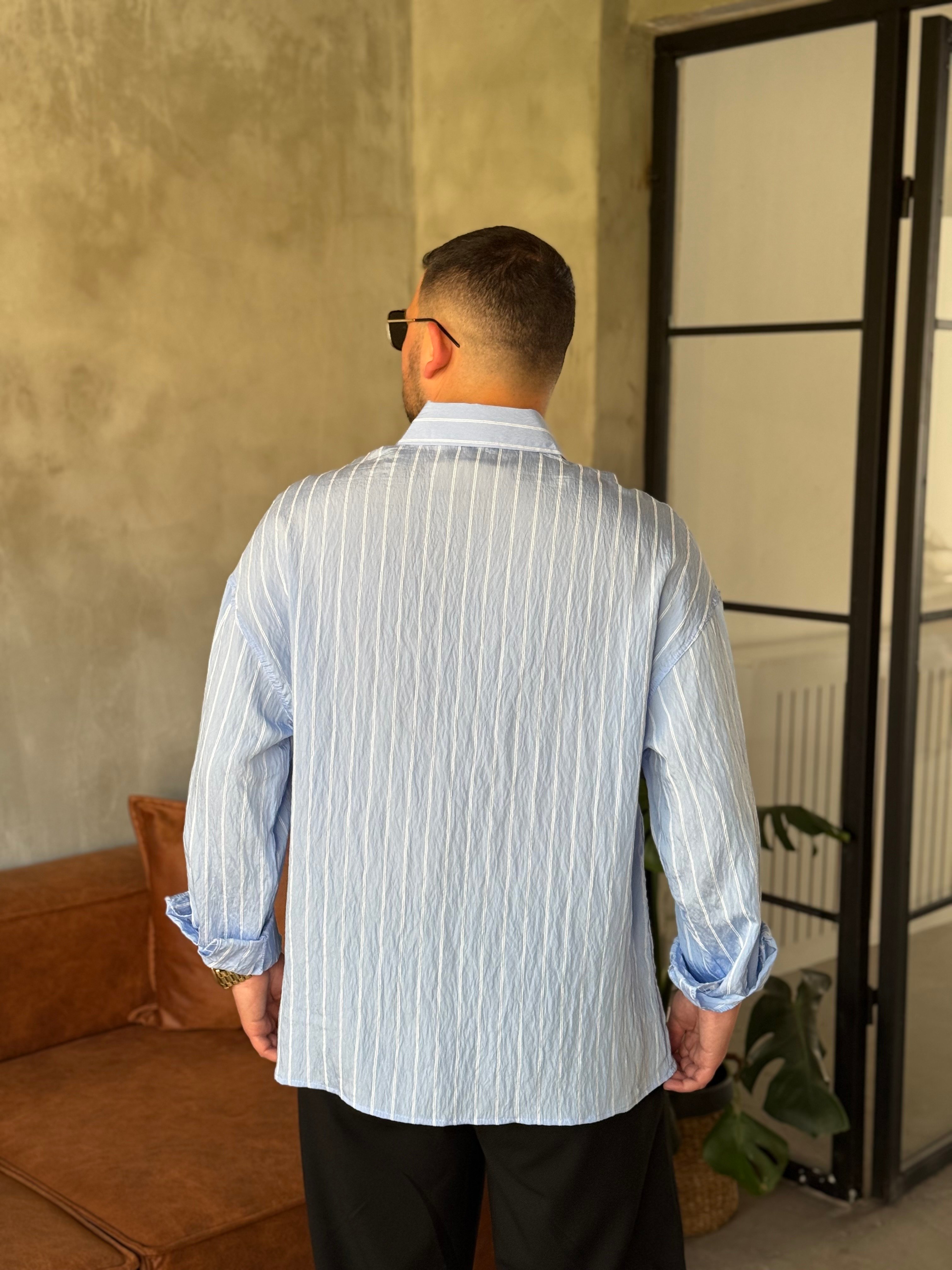 Bebe Mavisi Çizgili Oversize Gömlek