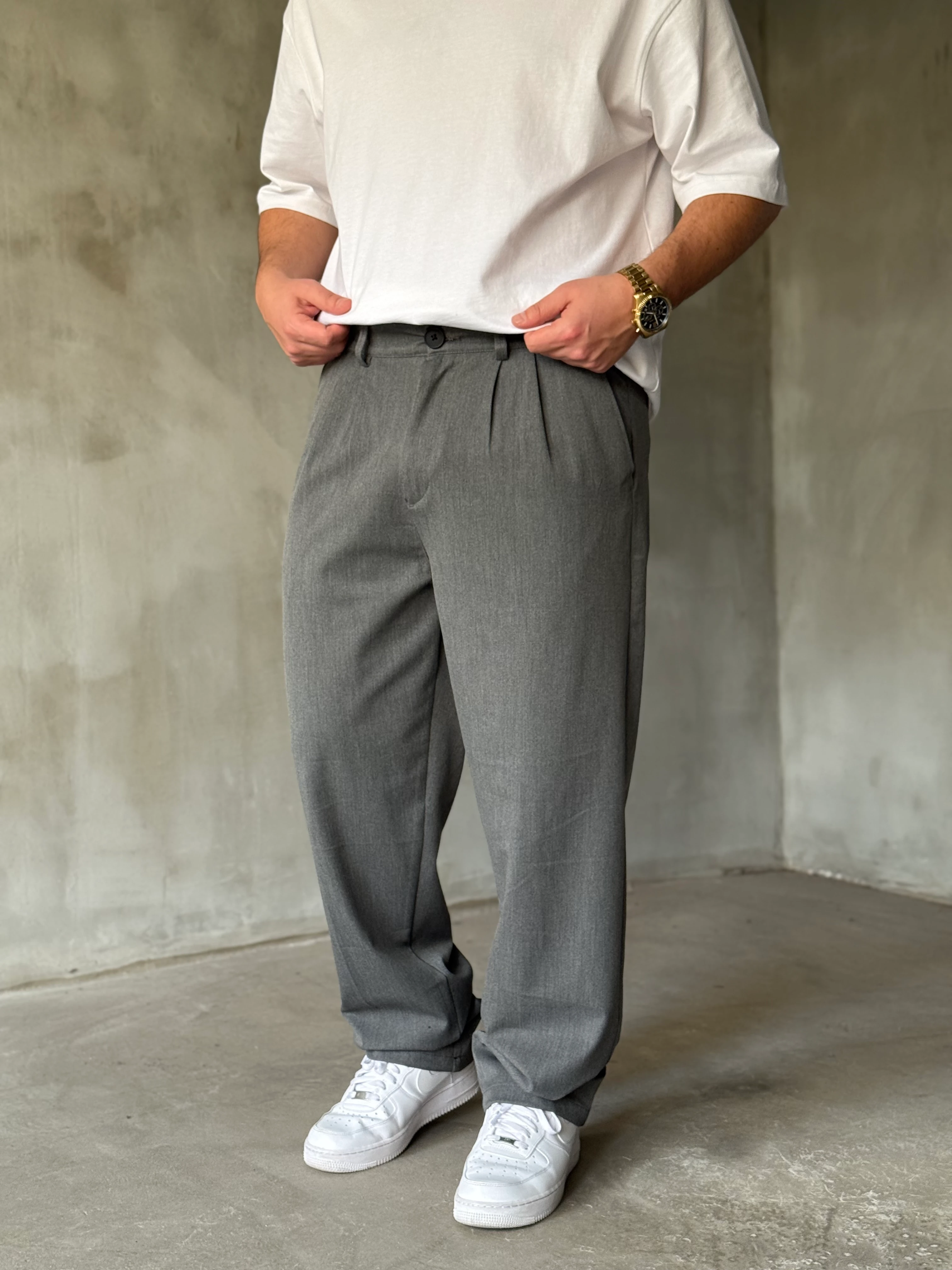 Gri Pileli Kışlık Kumaş Baggy Kumaş Pantolon