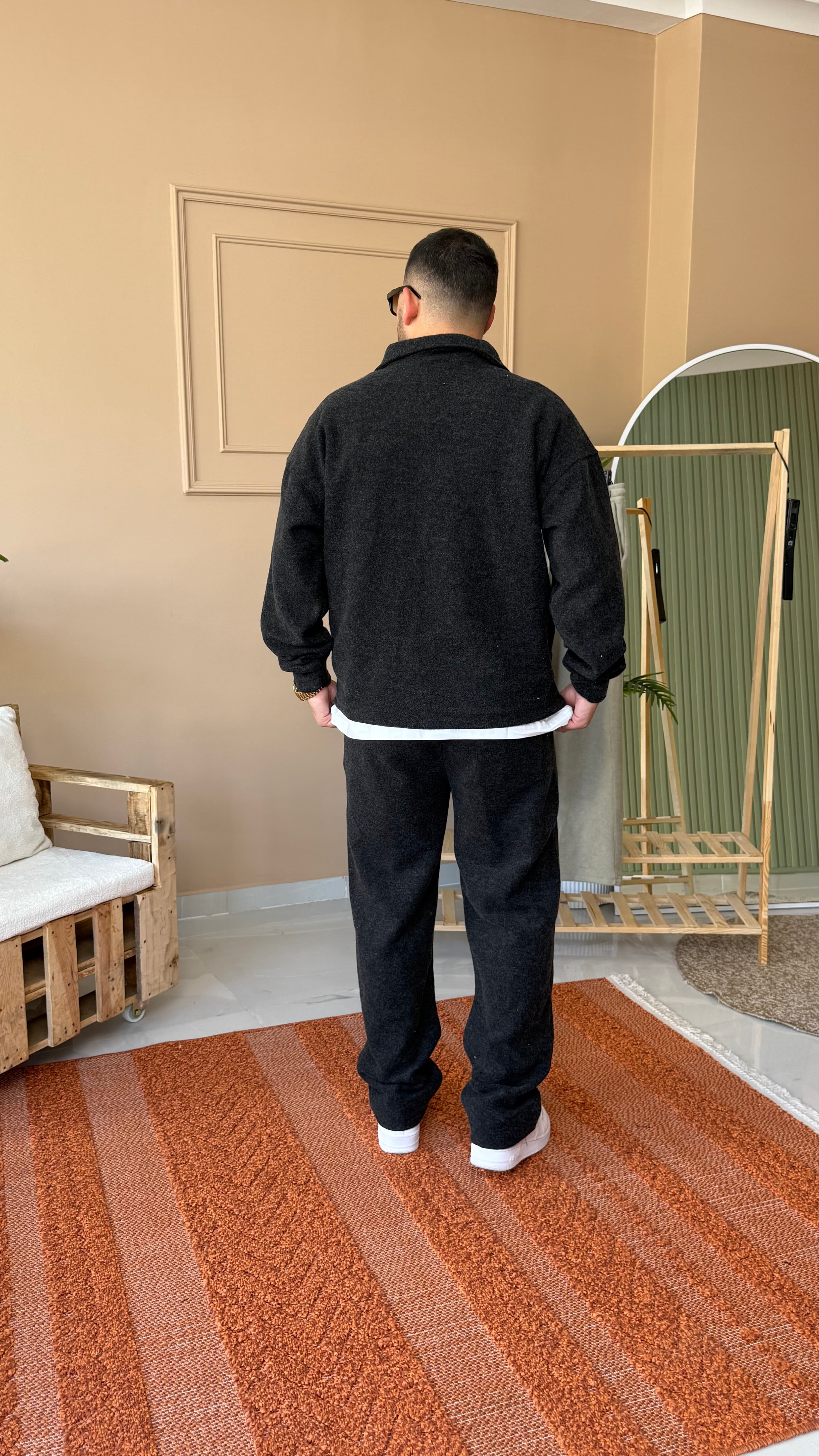 Siyah Premium Kalite Kaşe Yarım Fermuarlı Oversize Takım