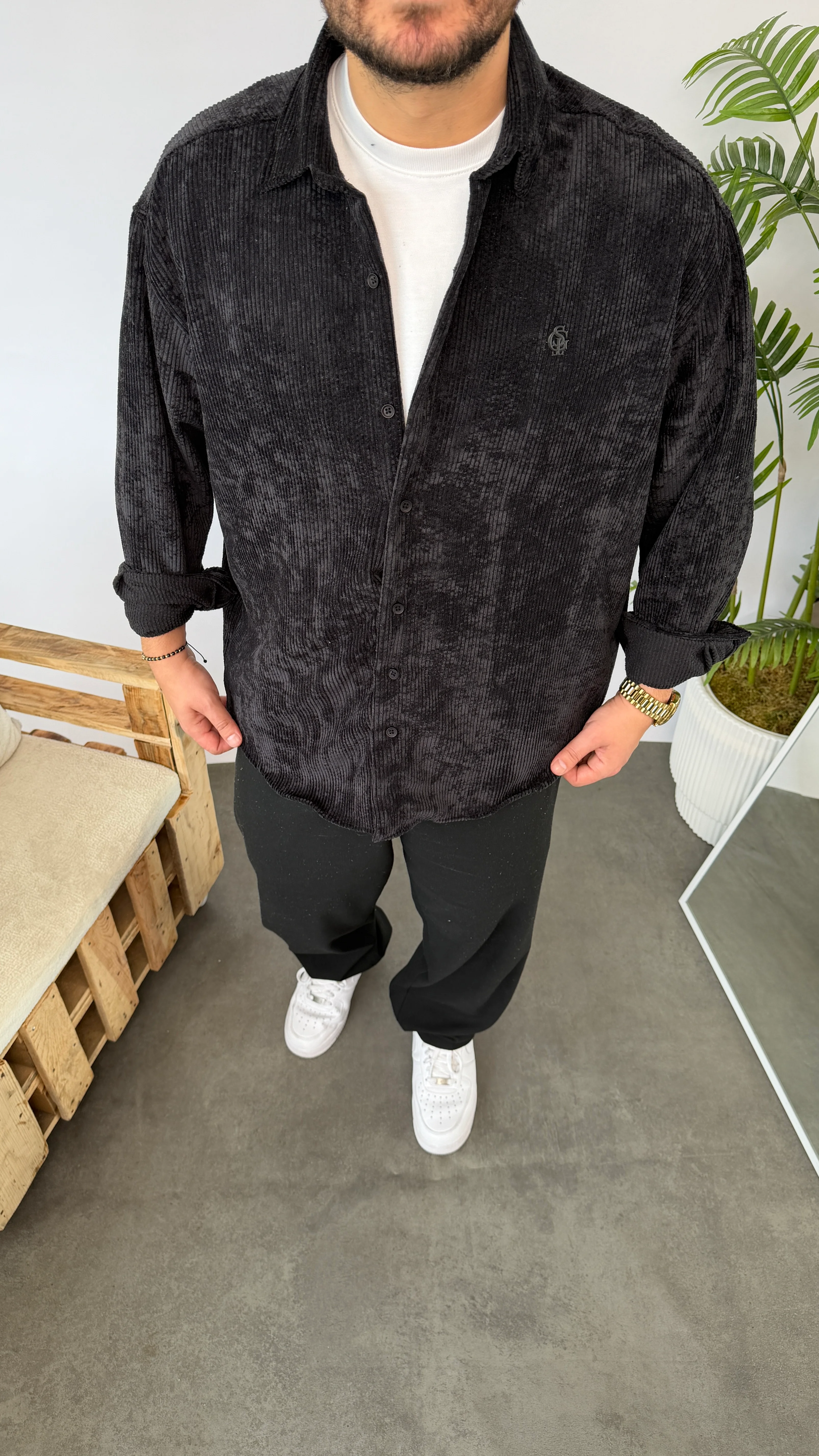 Giesto Siyah Kadife Oversize Gömlek