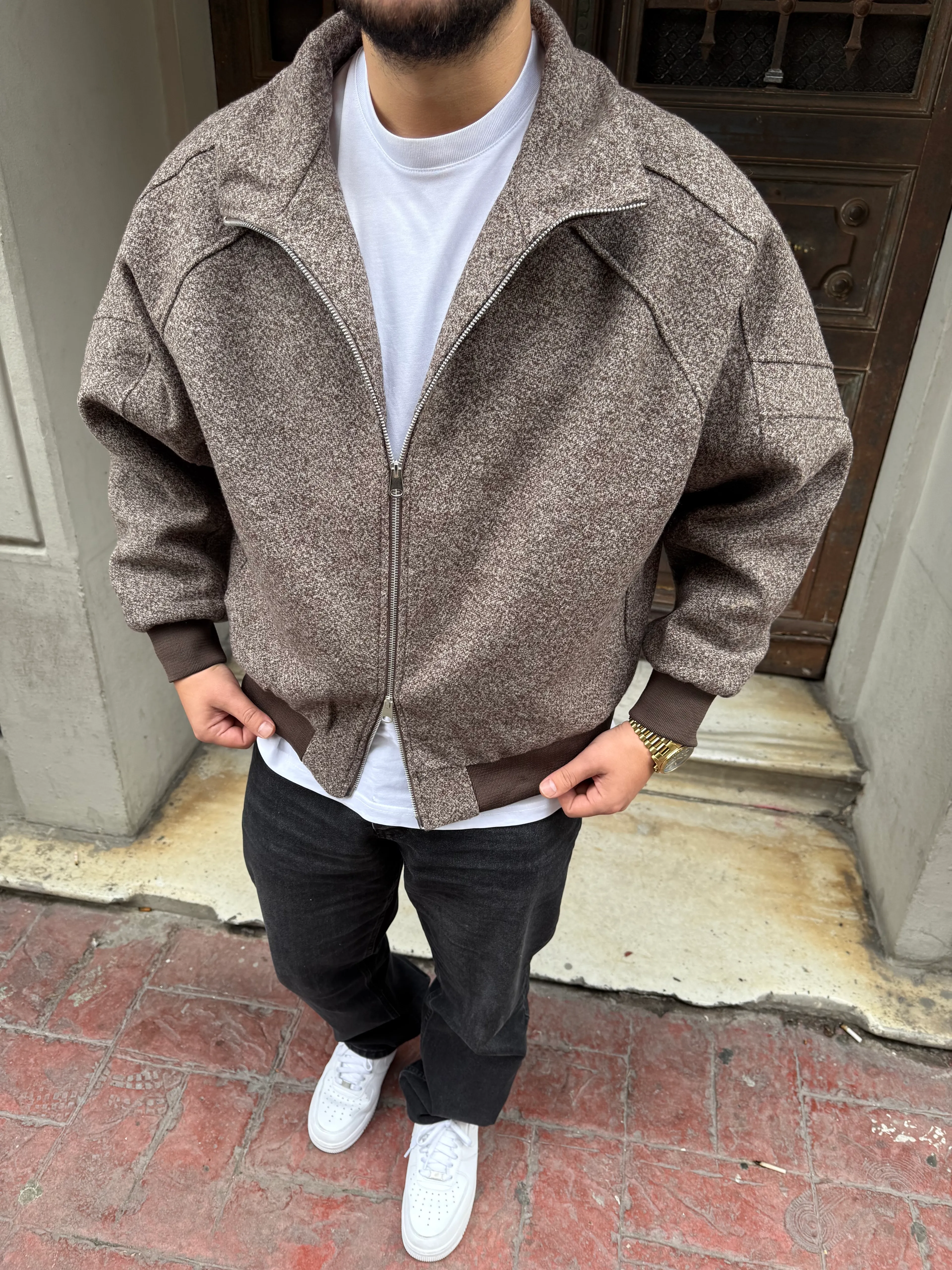 Kahve Kaşe Bomber Oversize Ceket