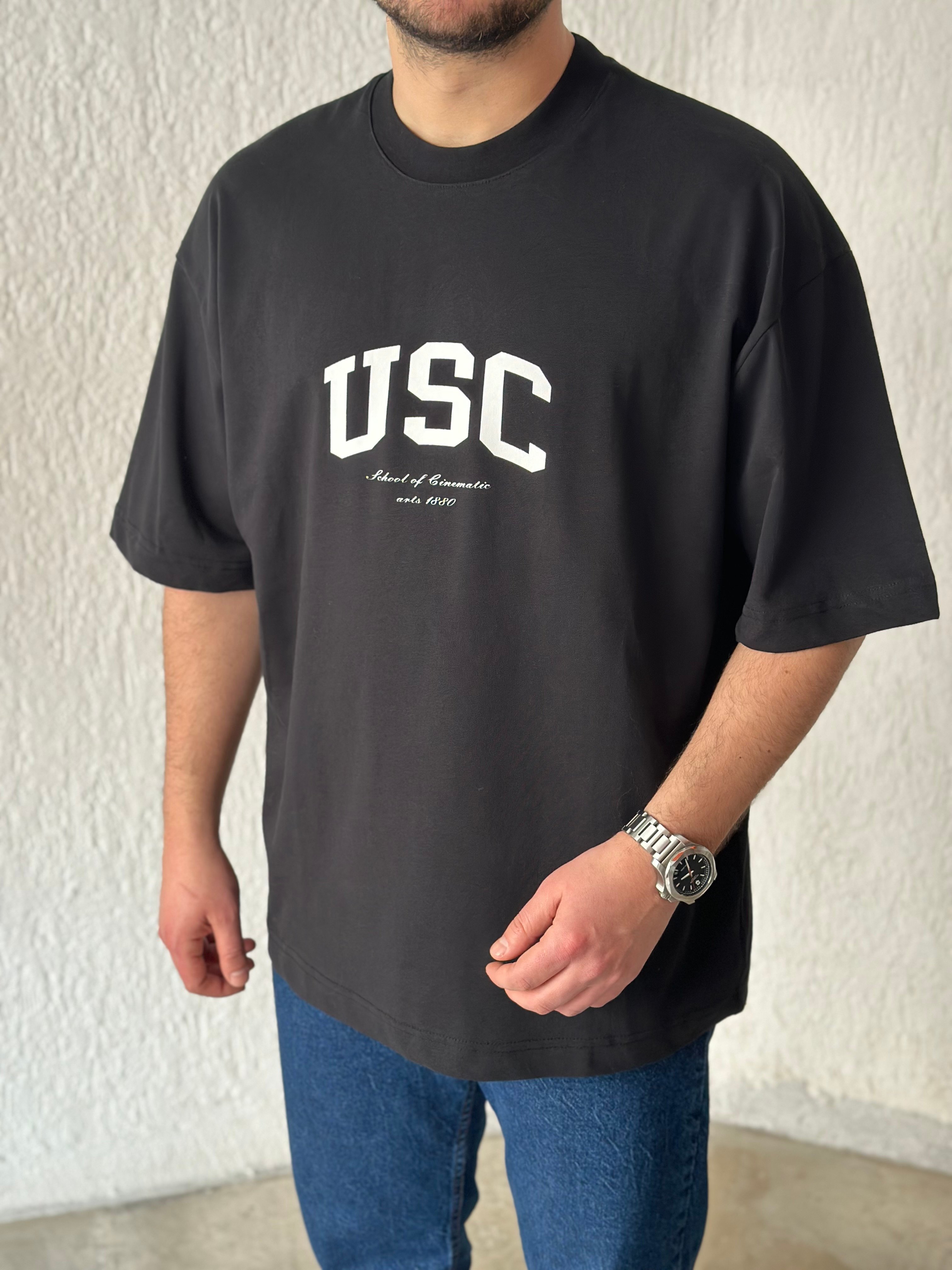 USC Baskılı Siyah Oversize T-shirt