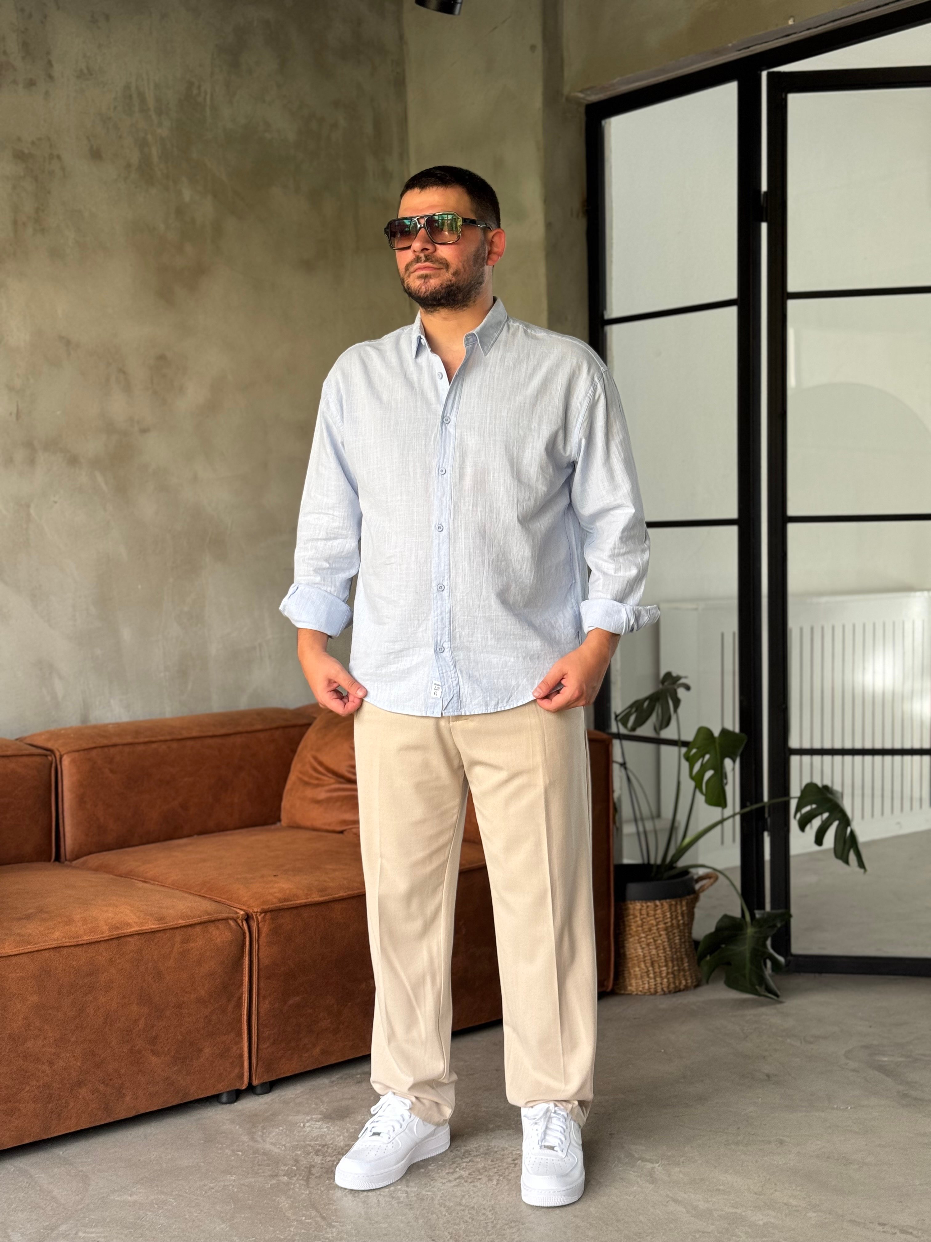 Krem Kumaş Pantolon Bebe Mavisi Keten Gömlek