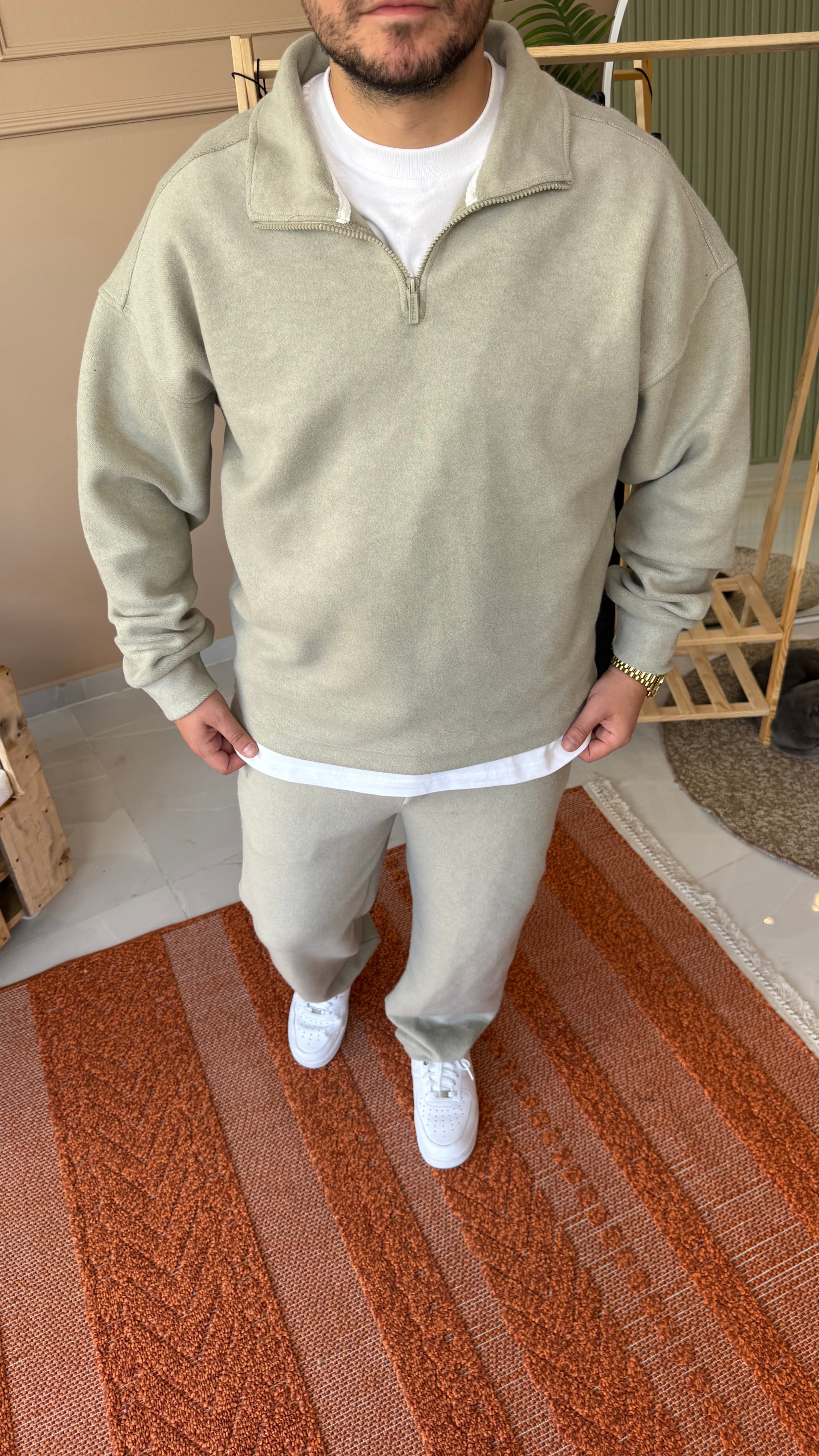 Taş Rengi Premium Kalite Kaşe Yarım Fermuarlı Oversize Takım