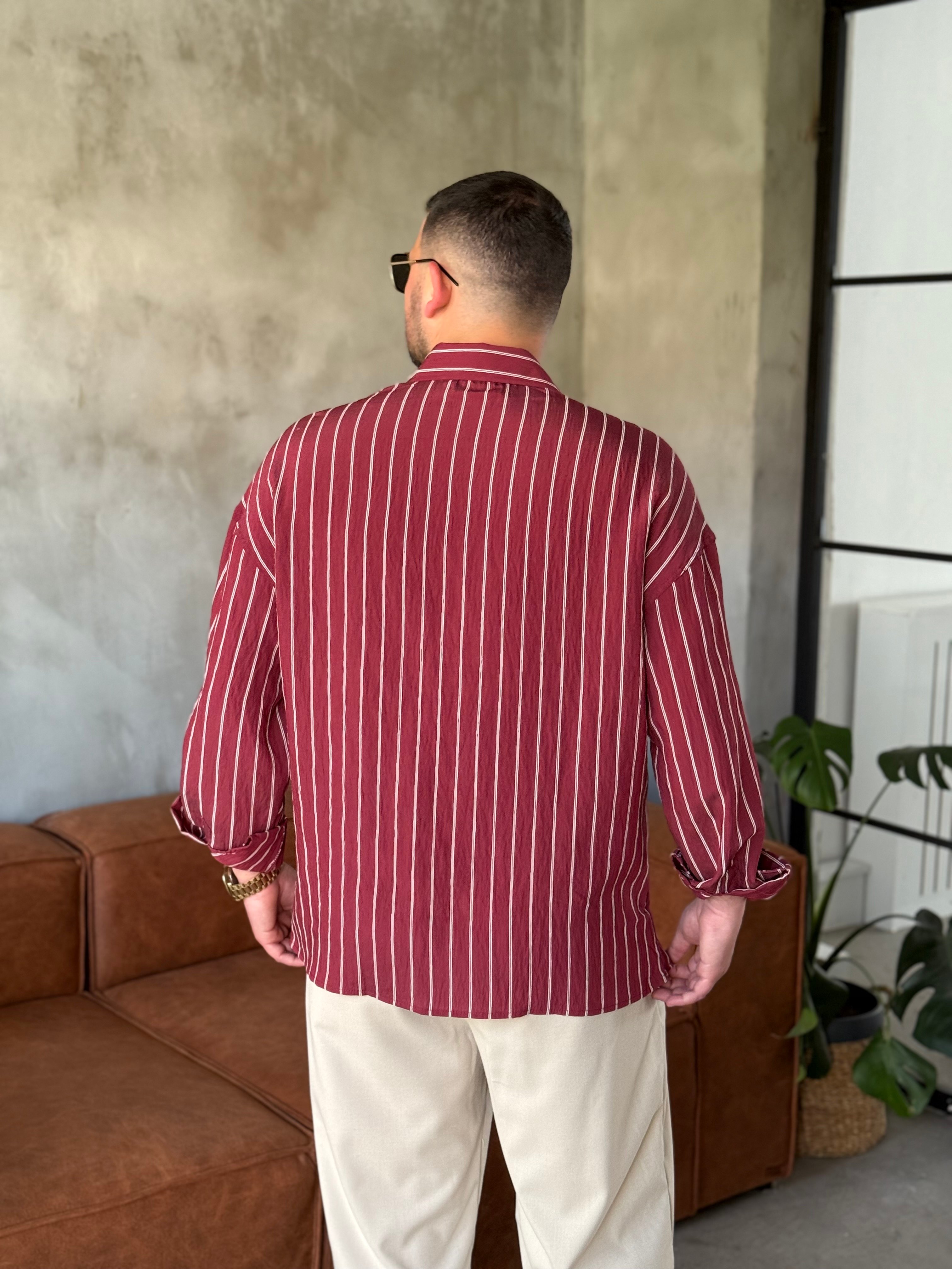 Bordo Çizgili Oversize Gömlek