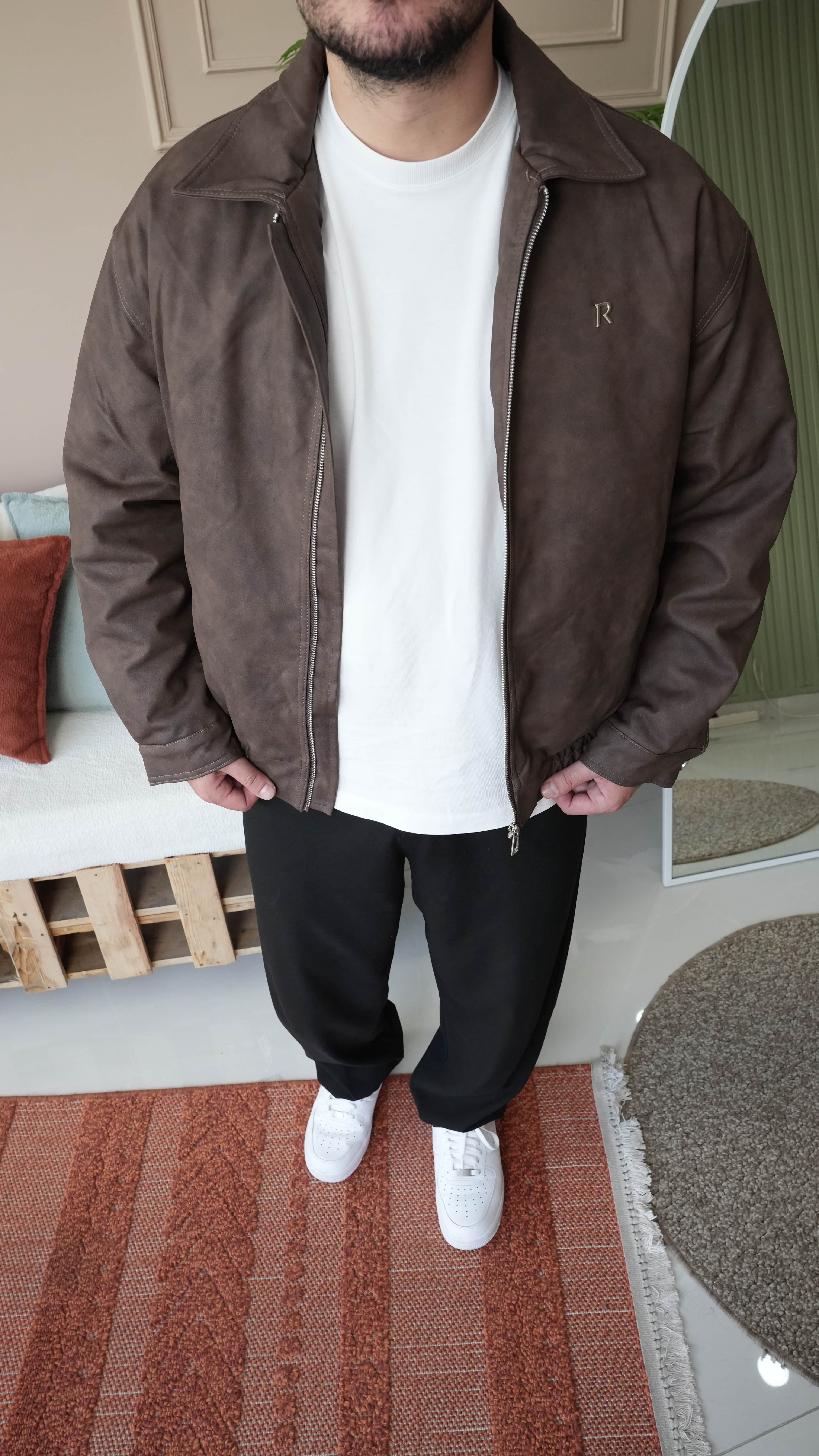 Kahve Yarı Oversize Deri Ceket