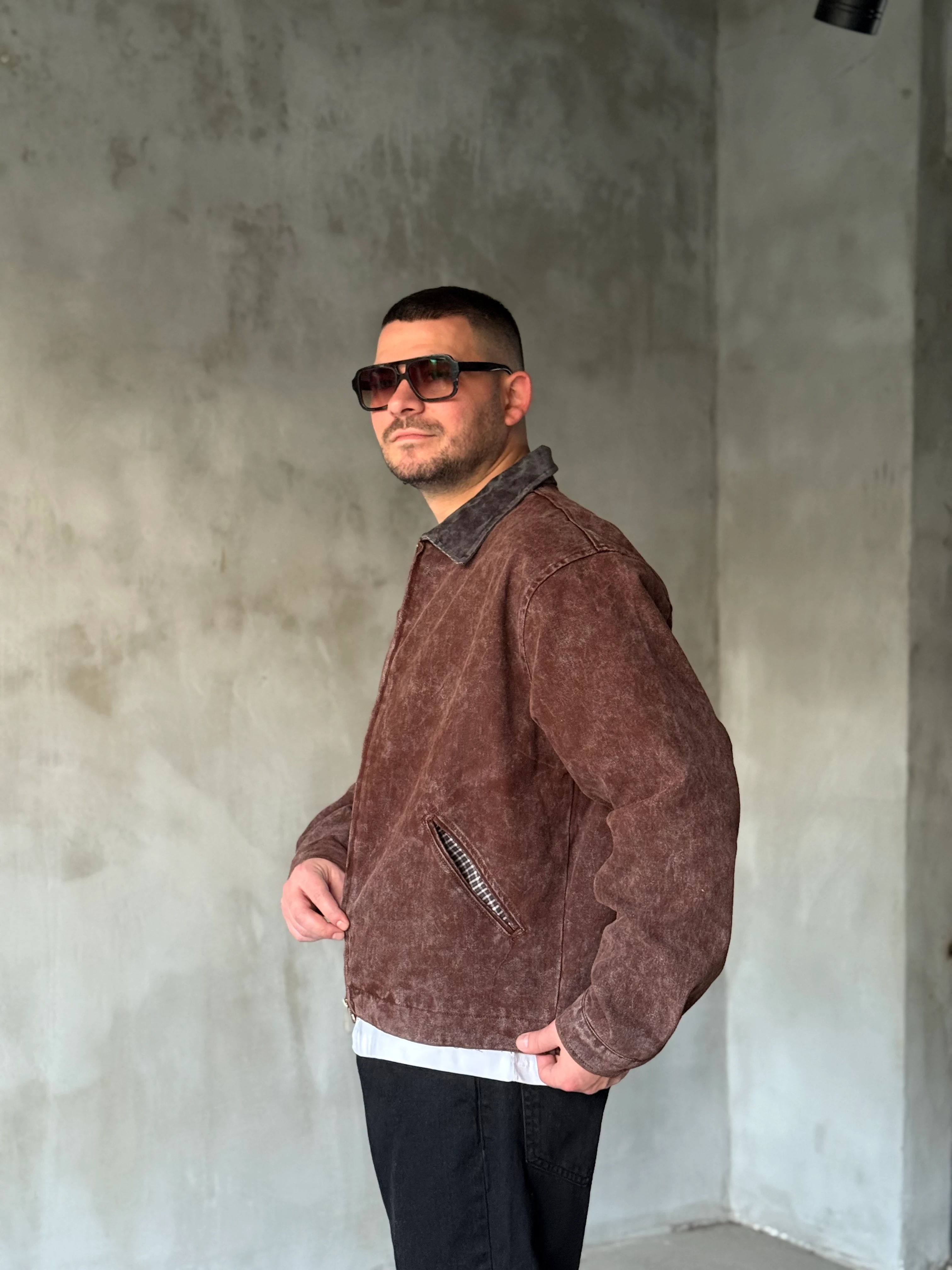 Kahverengi Yıkamalı Ekose Detaylı Kot Ceket