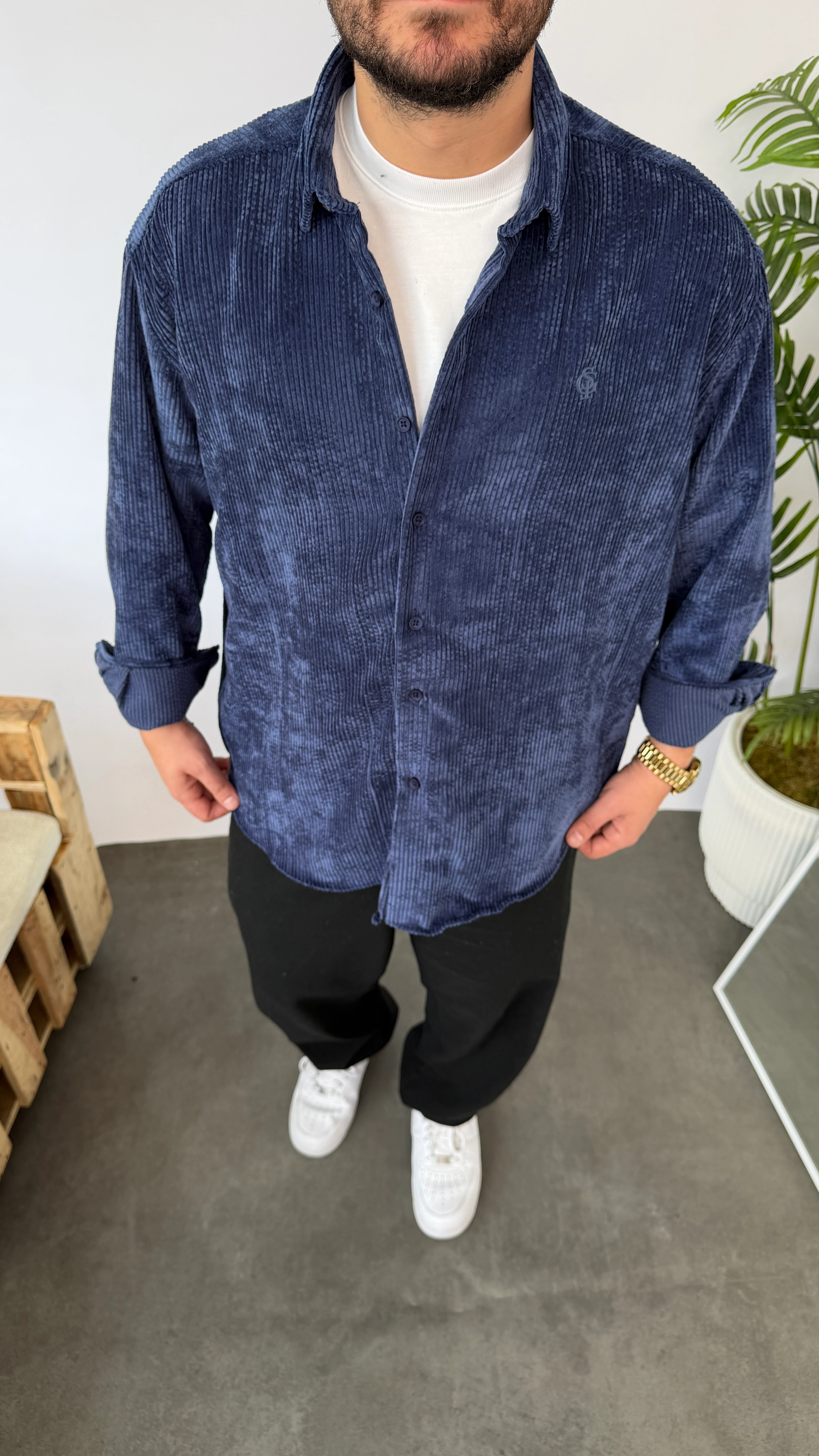 Giesto Lacivert Kadife Oversize Gömlek