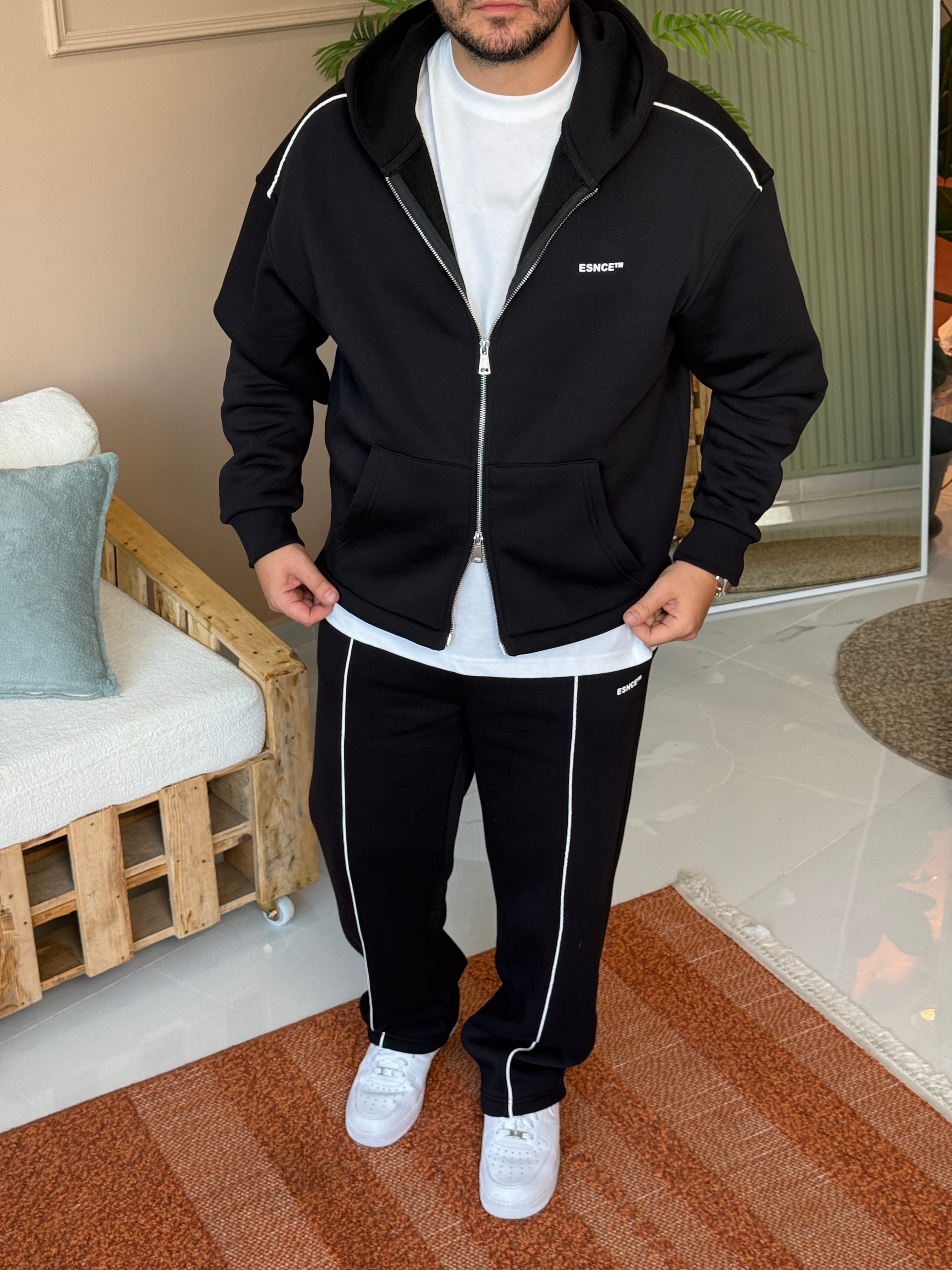 Siyah Oversize Çift Fermuarlı Şardonlu Eşofman Takımı