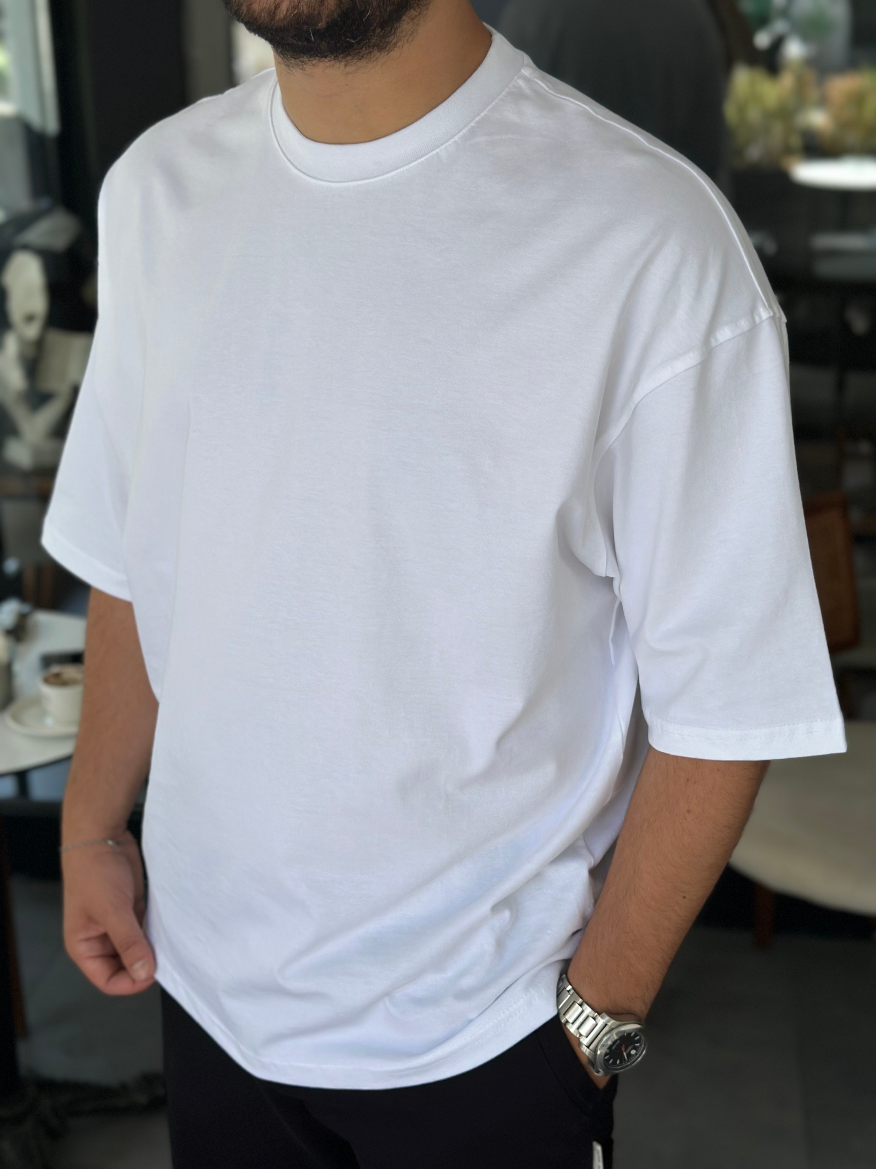 Beyaz Oversize Basic Pamuklu T-Shirt