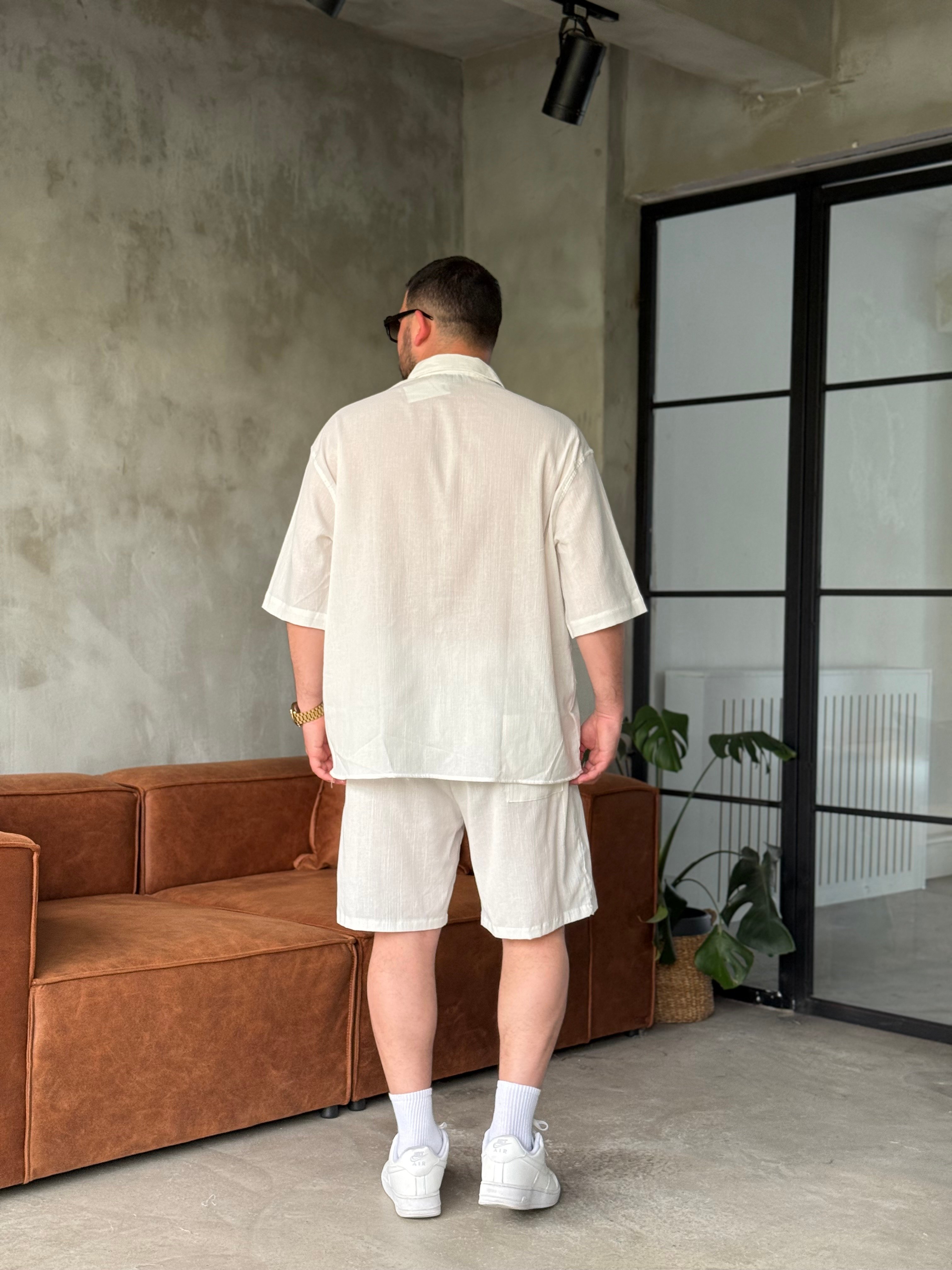 Gri Oversize Şortlu Keten Takım