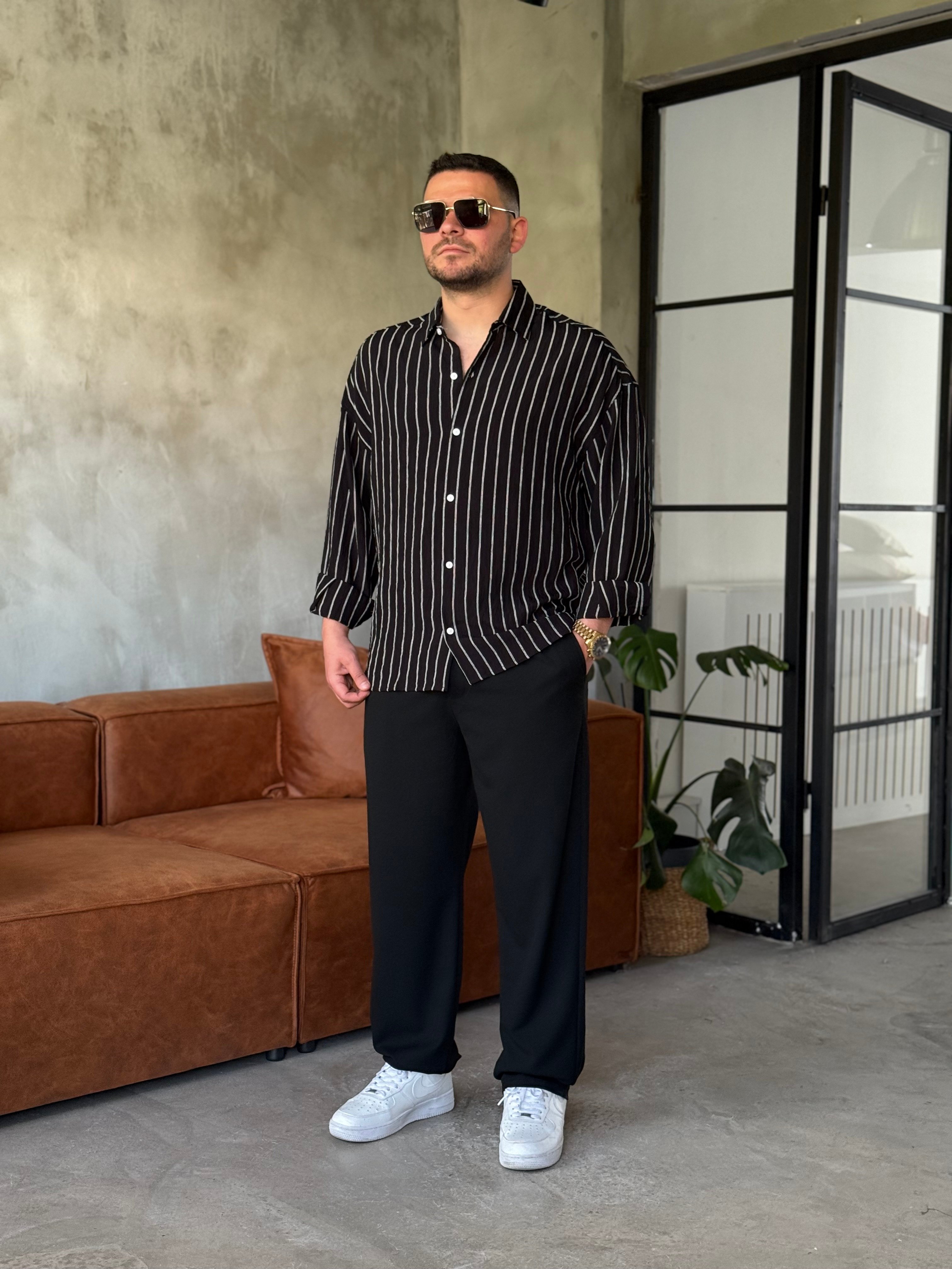 Siyah Çizgili Oversize Gömlek 