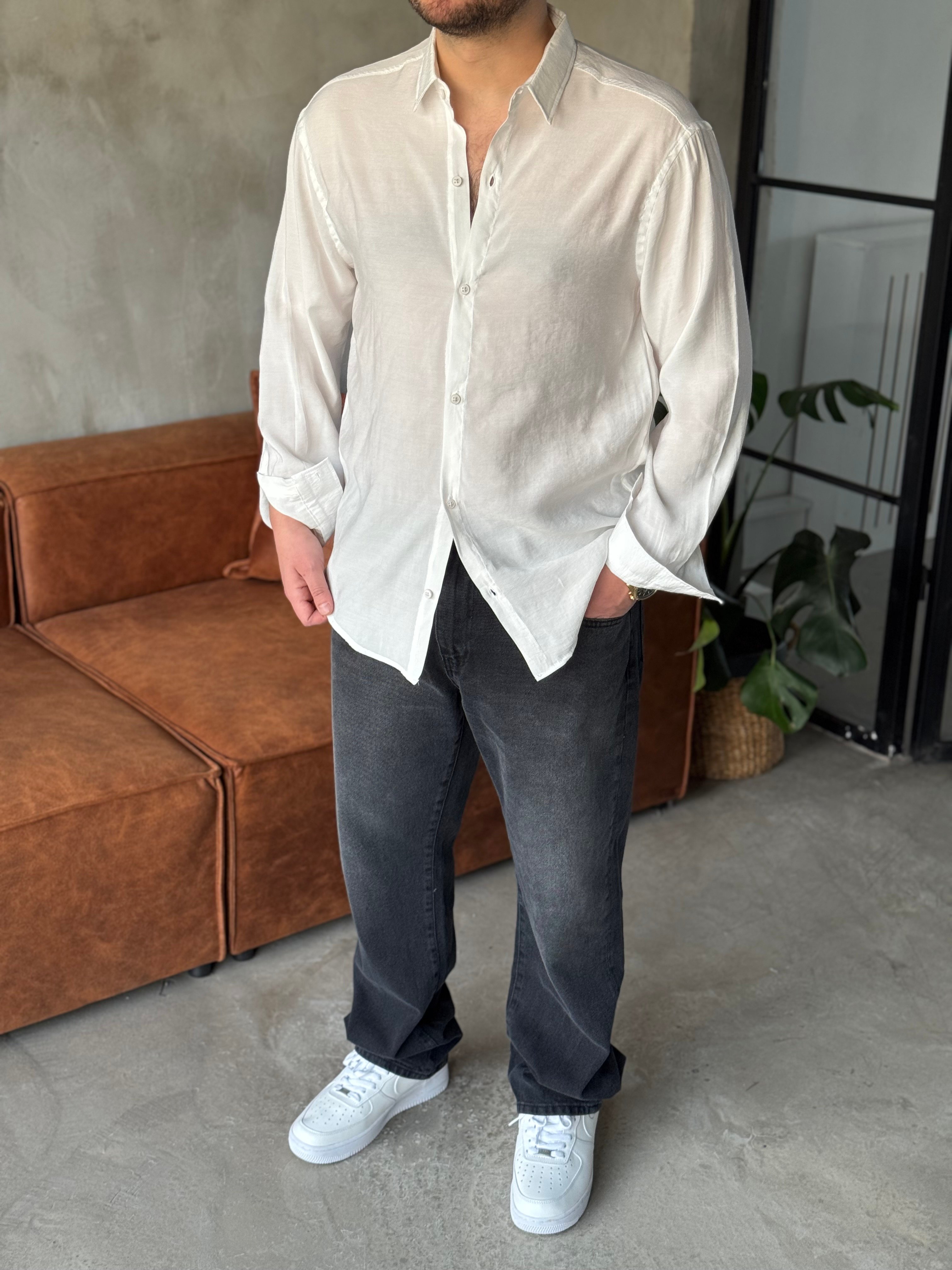 Beyaz Tensel Kumaş Oversize Gömlek