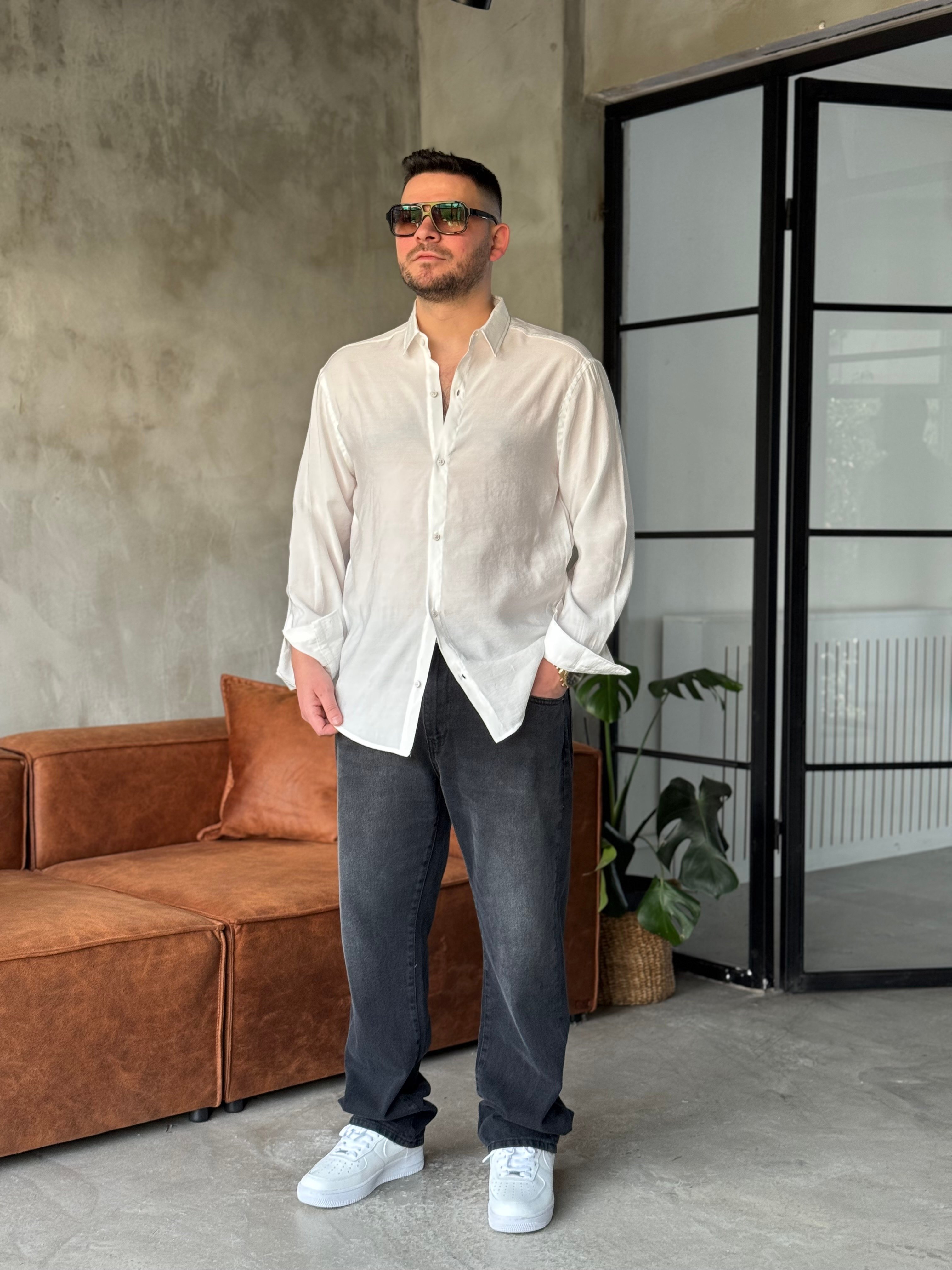 Beyaz Tensel Kumaş Oversize Gömlek