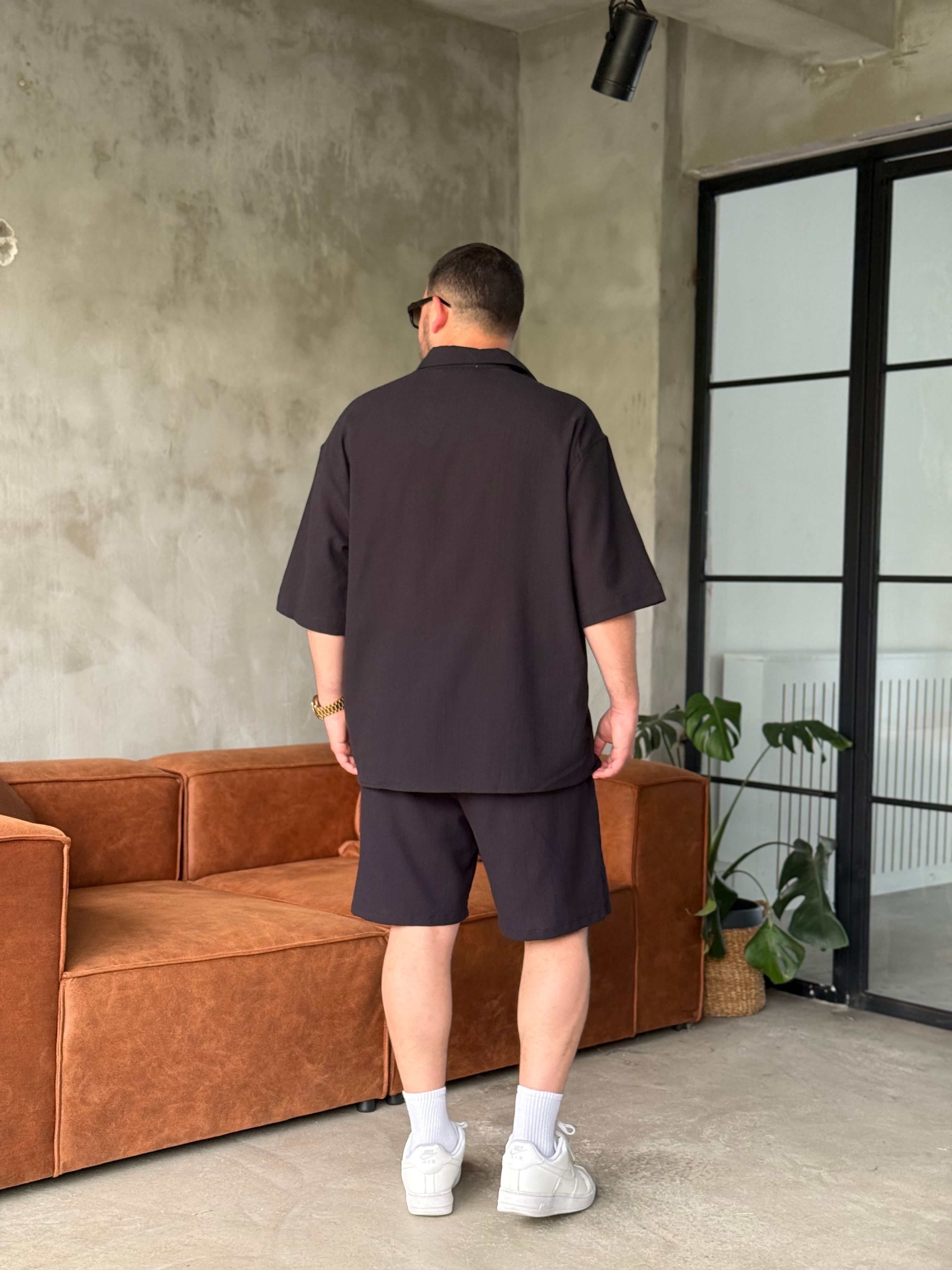 Siyah Oversize Şortlu Keten Takım