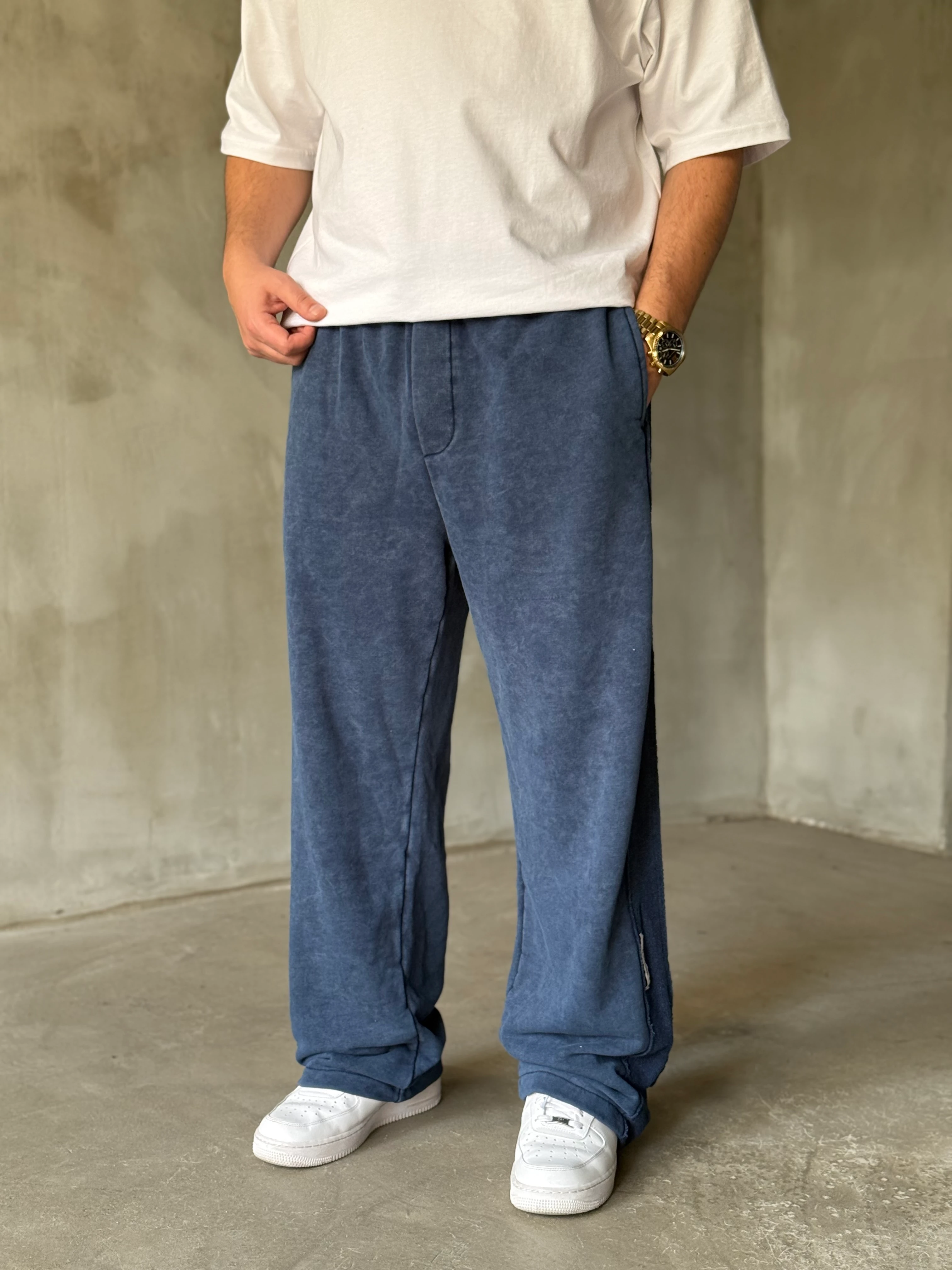 Lacivert Yıkamalı Şerit Detaylı Baggy Eşofman Altı