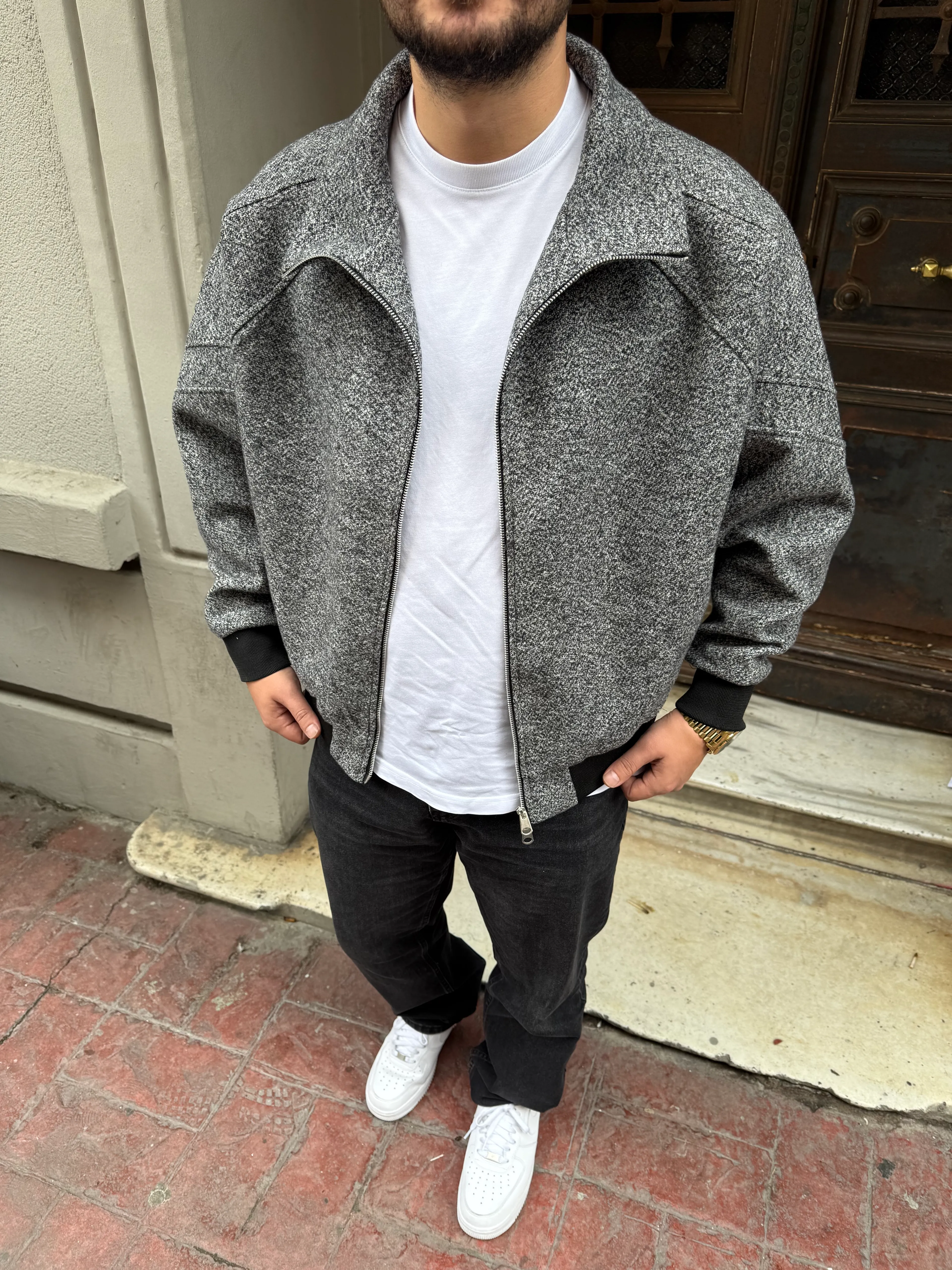 Siyah Kaşe Bomber Oversize Ceket