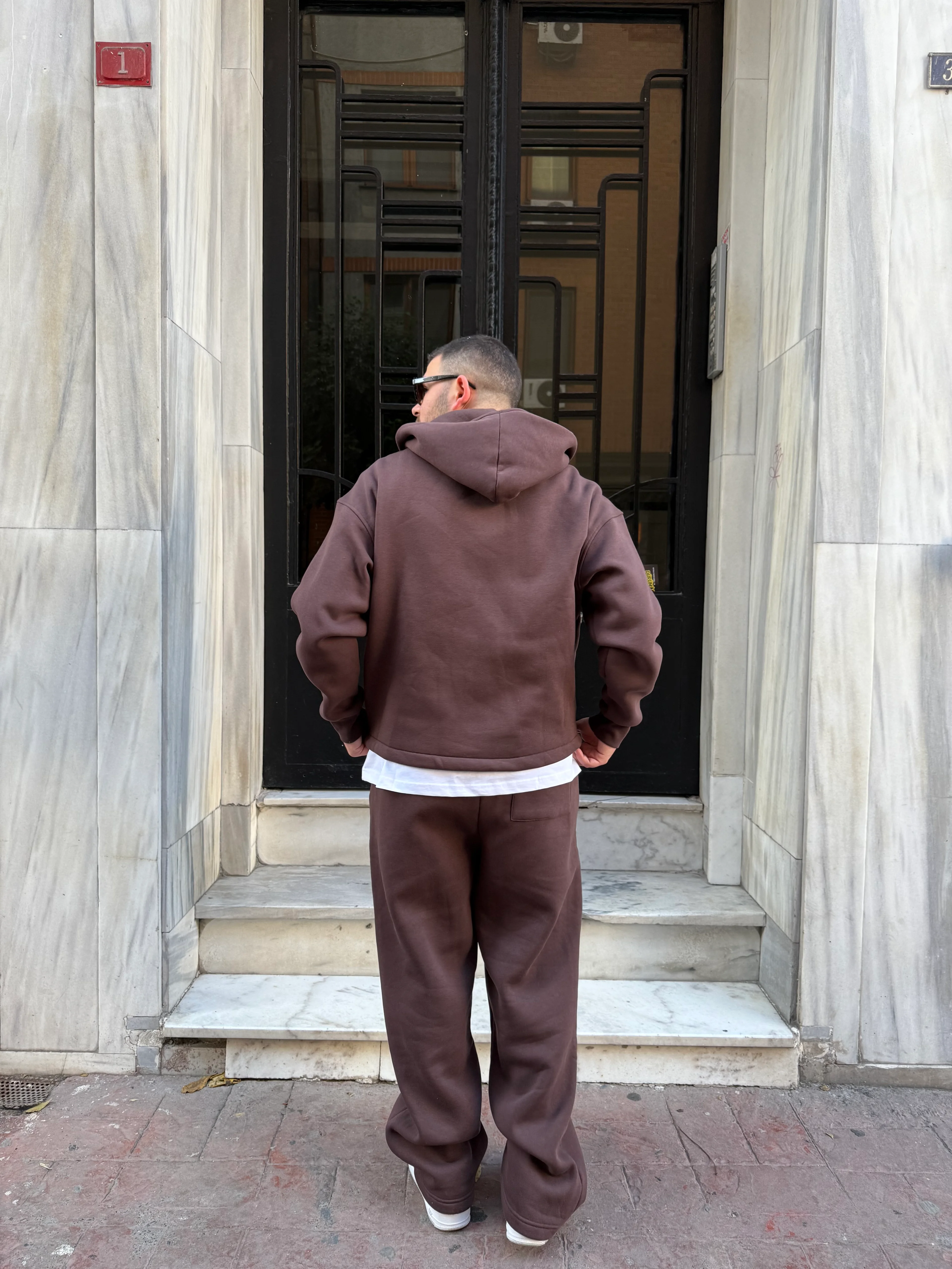 Kahverengi Oversize Çift Fermuarlı Şardonlu Eşofman Takımı