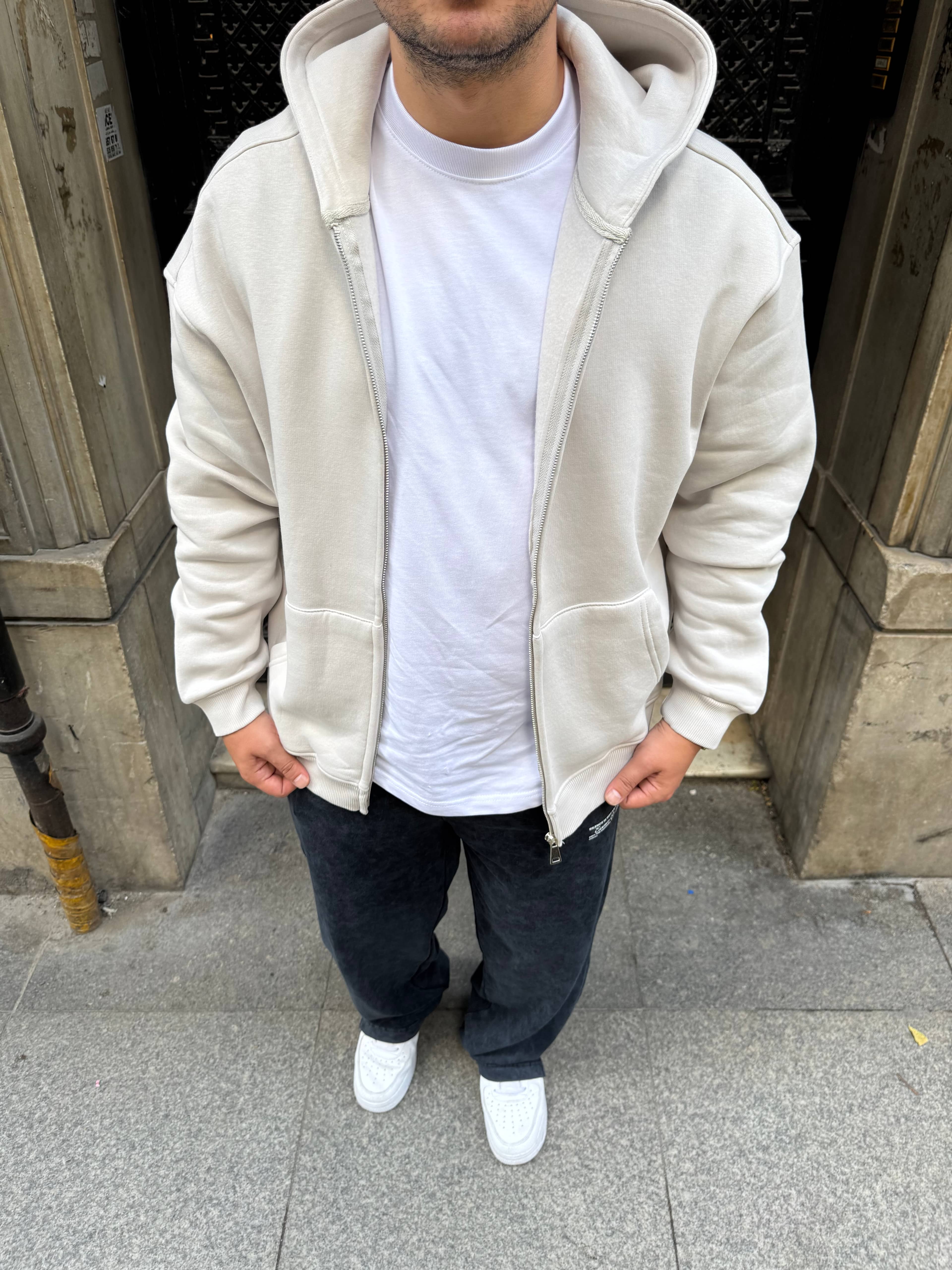 Krem Oversize Şardonku Kapüşonlu Polar