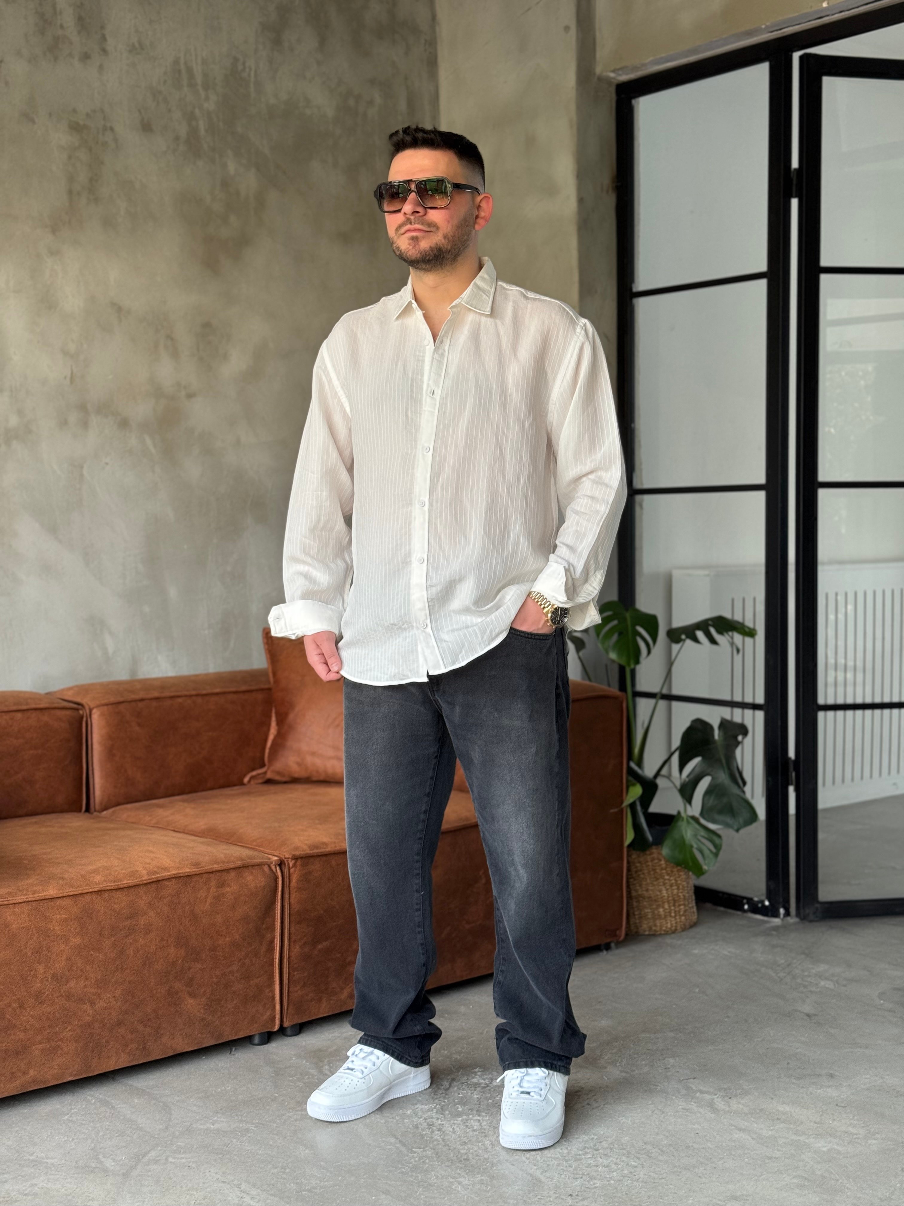 Beyaz Çizgili Tensel Kumaş Oversize Gömlek