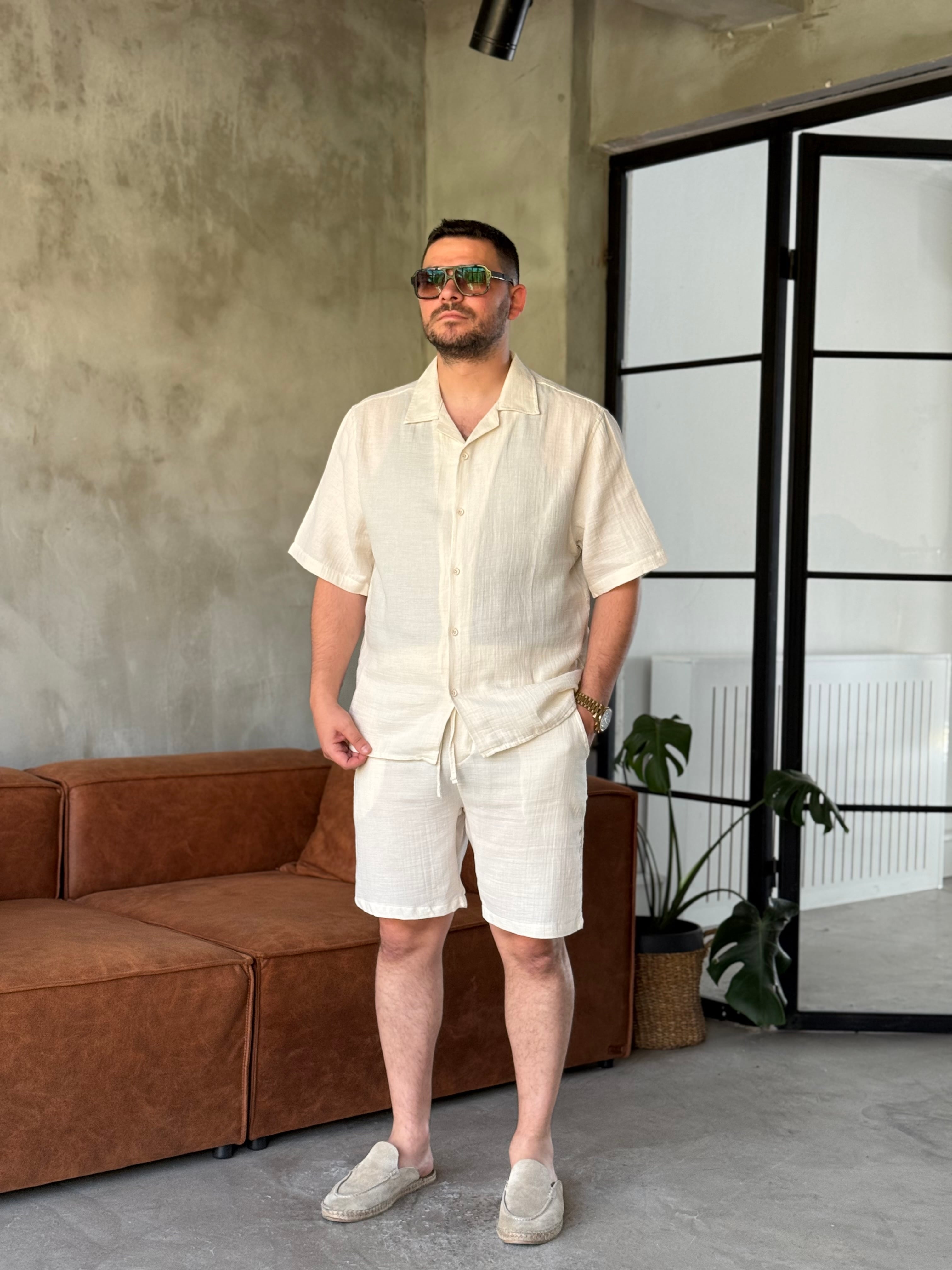 Krem Müslin Kumaş Oversize Şortlu Takım