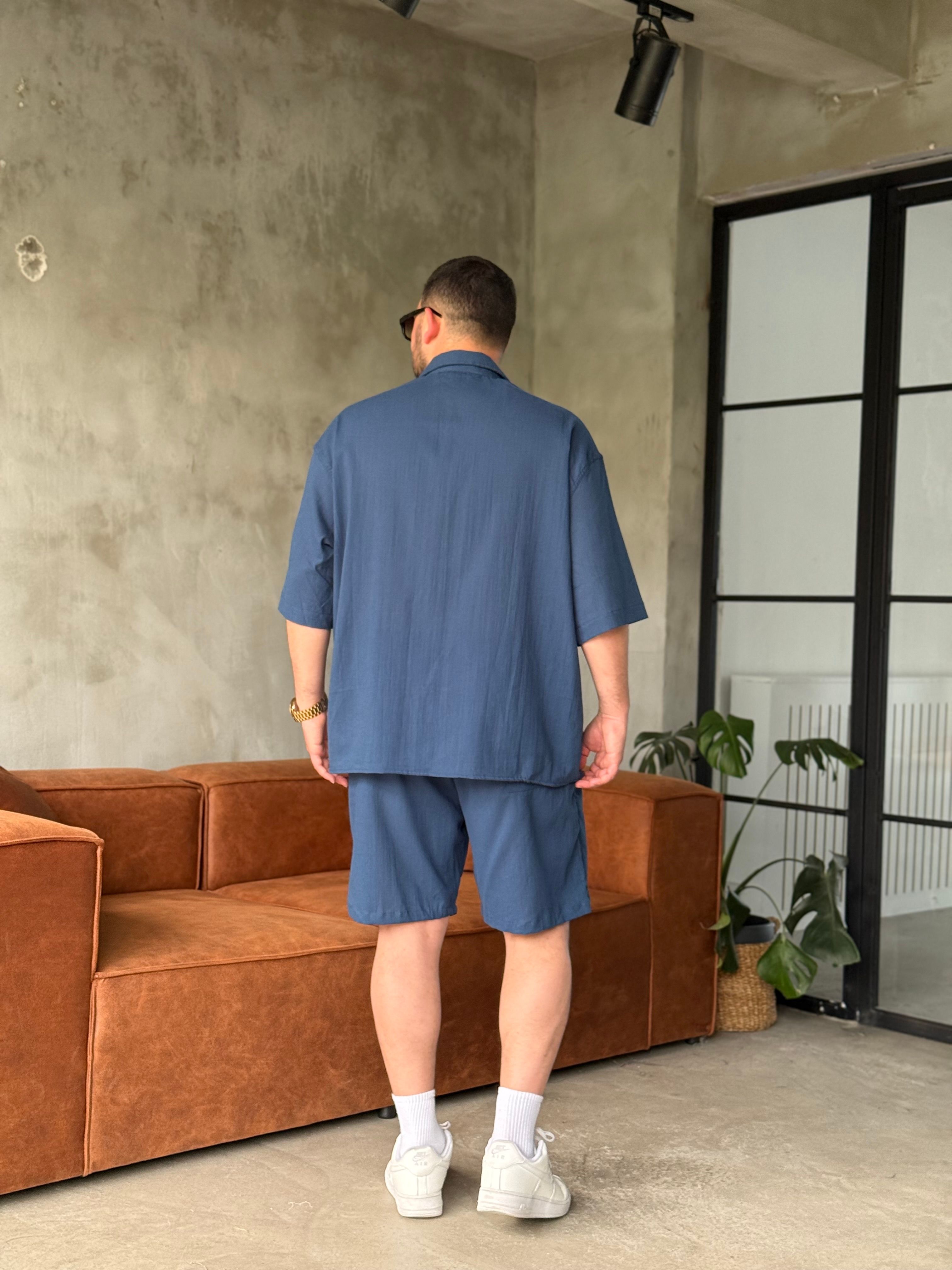 Lacivert Oversize Şortlu Keten Takım