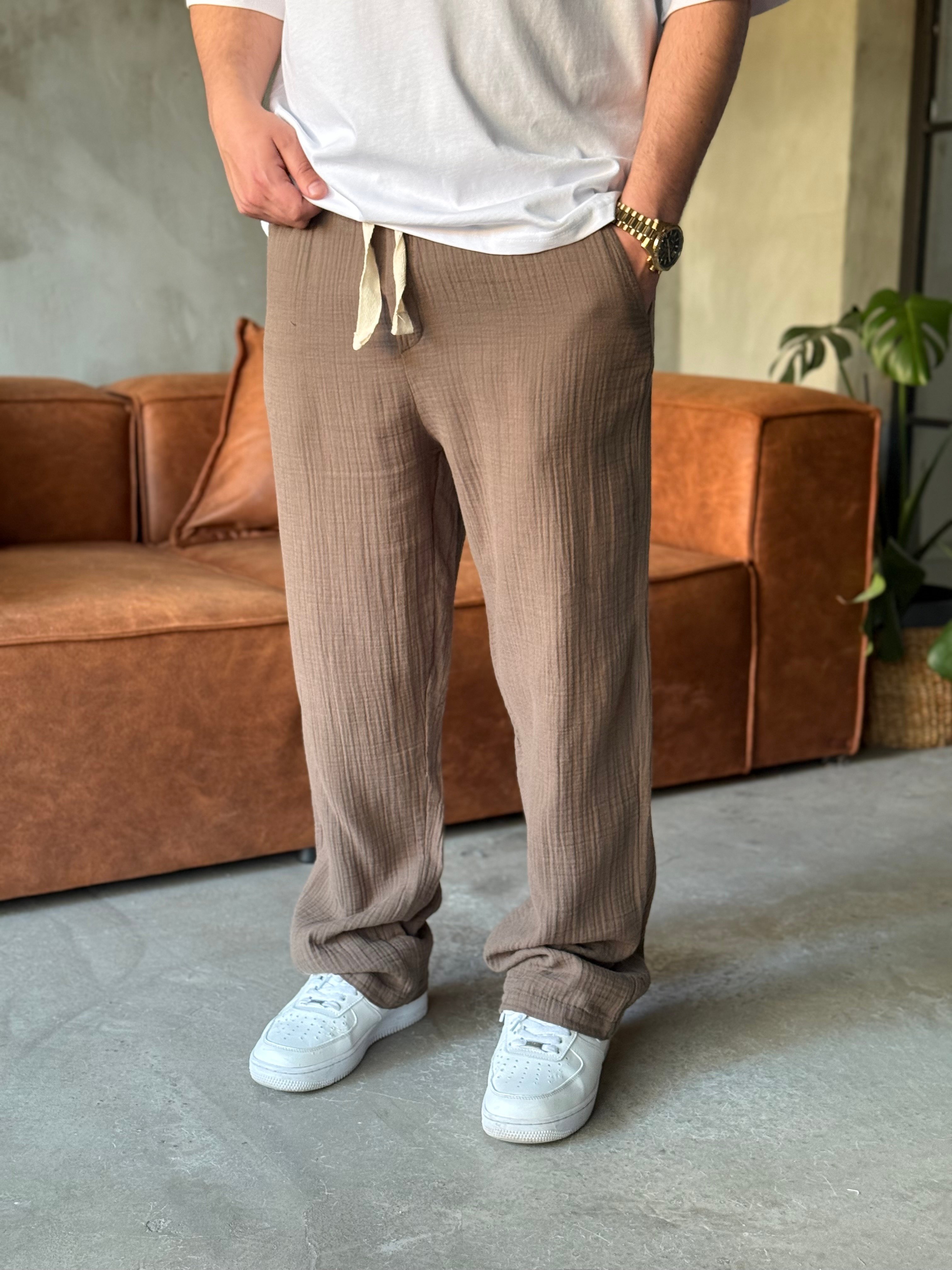 Kahve Baggy Pamuklu Müslin Pantolon