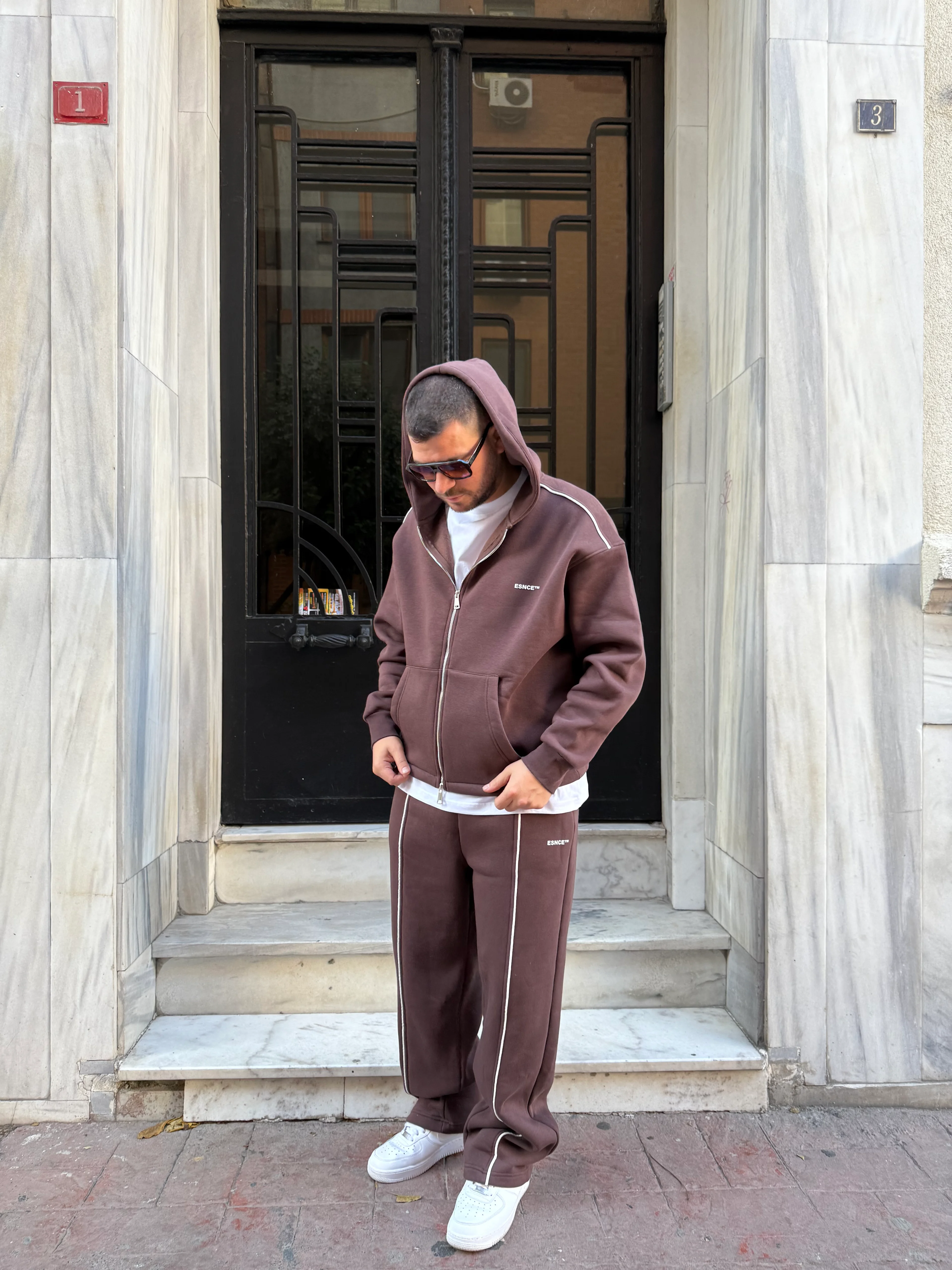 Kahverengi Oversize Çift Fermuarlı Şardonlu Eşofman Takımı