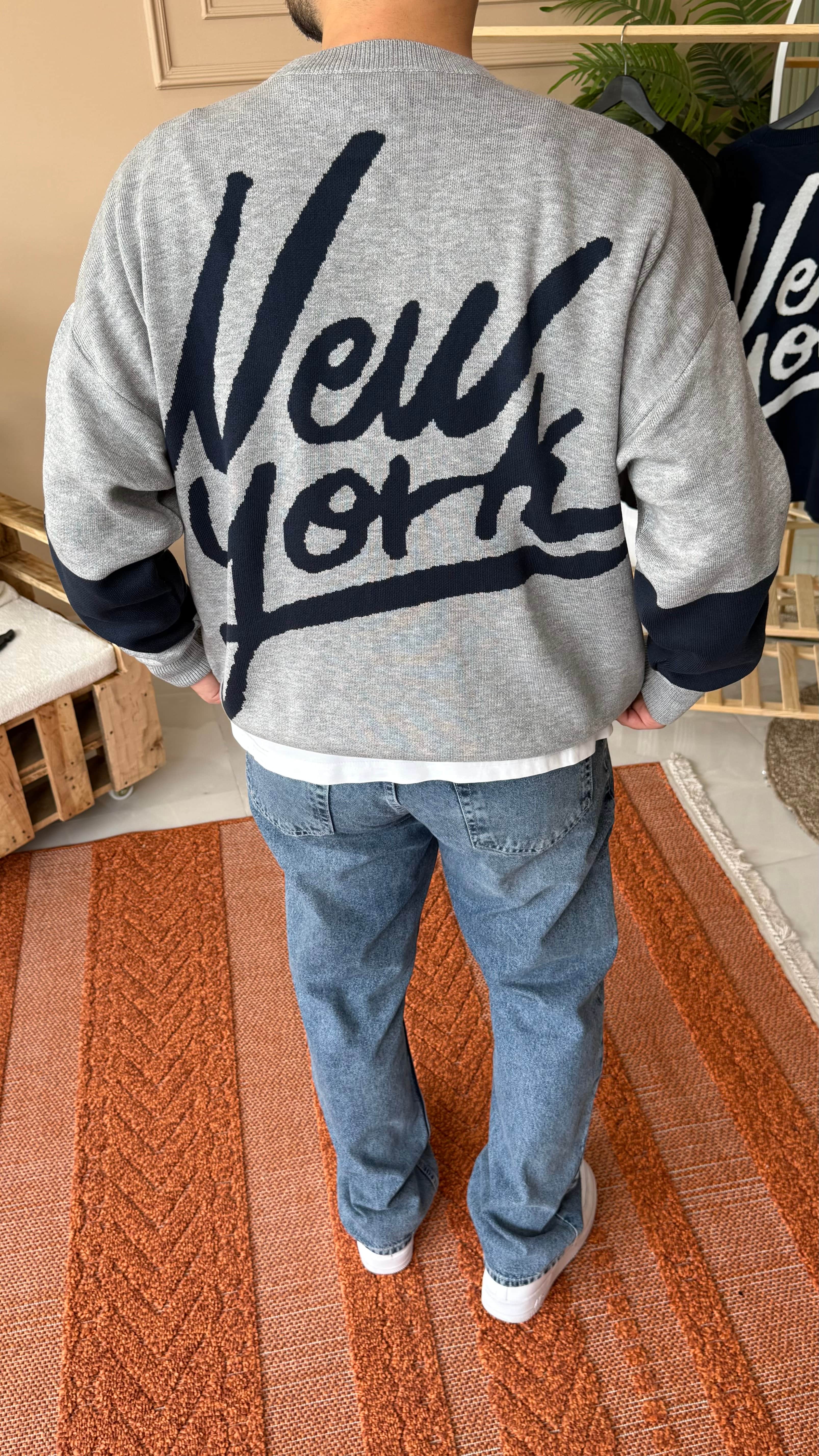 Gri NY Yazılı Oversize Triko Sweatshirt