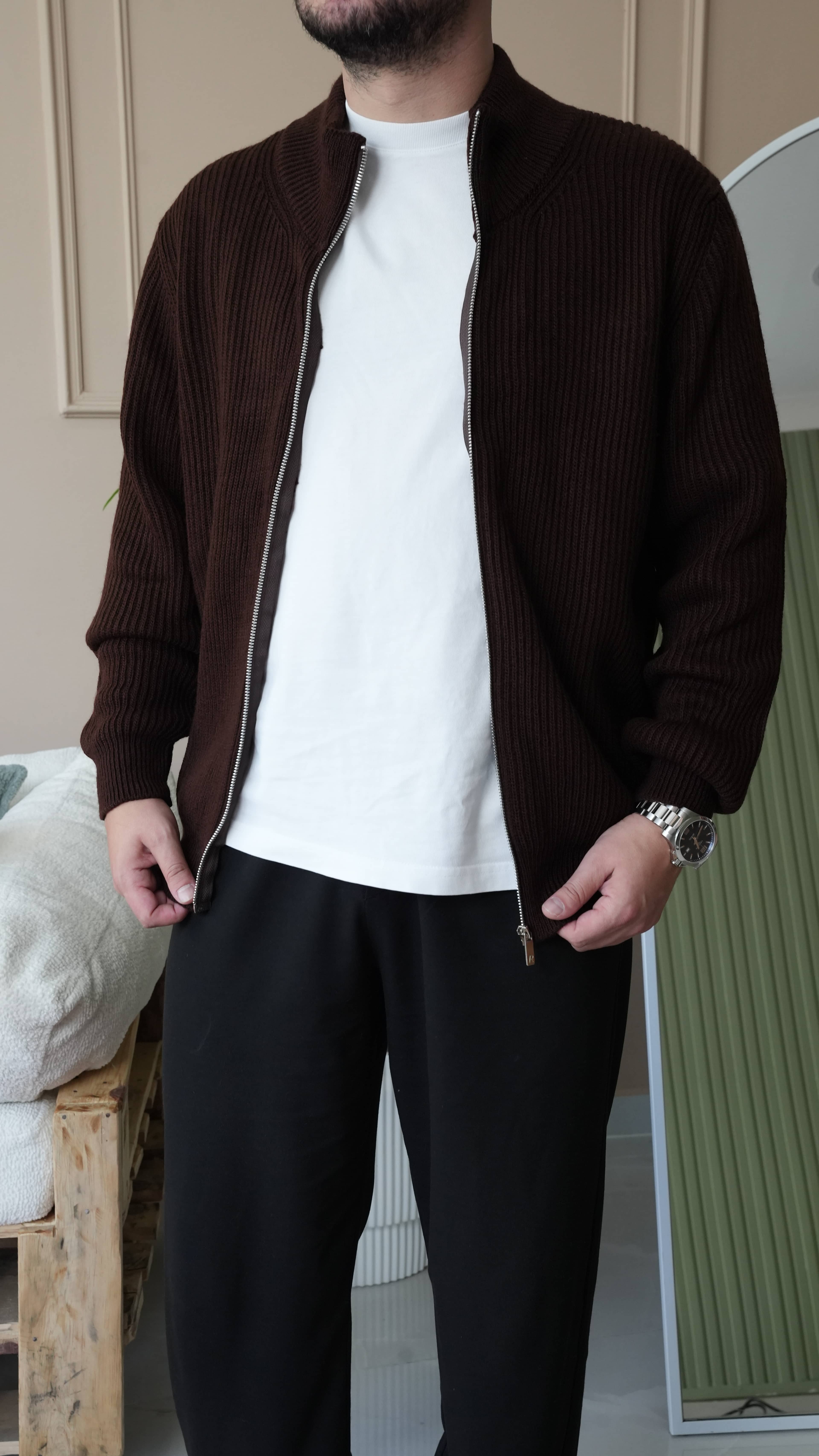 Kahverengi Oversize Tam Fermuarlı Triko