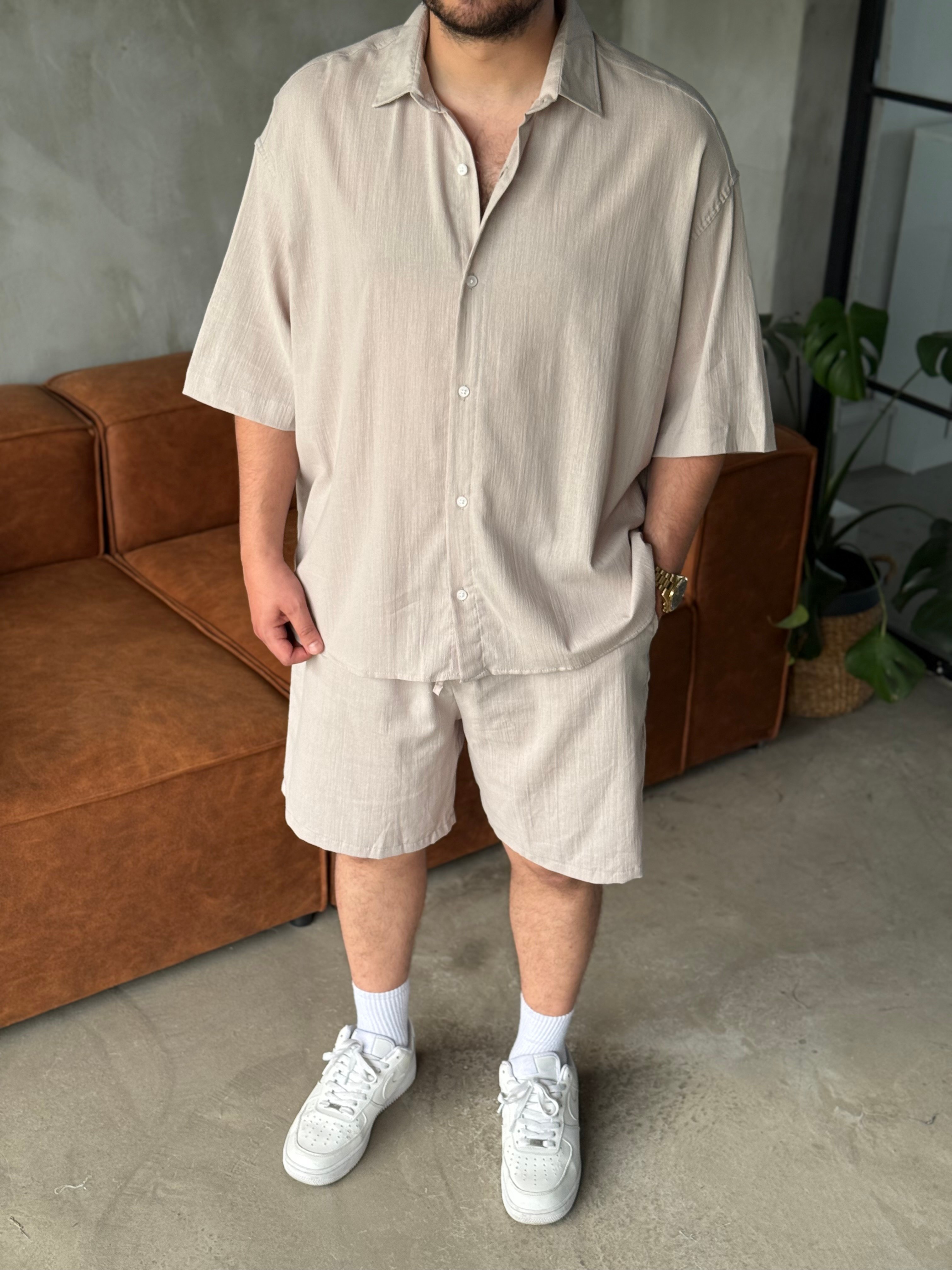 Gri Oversize Şortlu Keten Takım