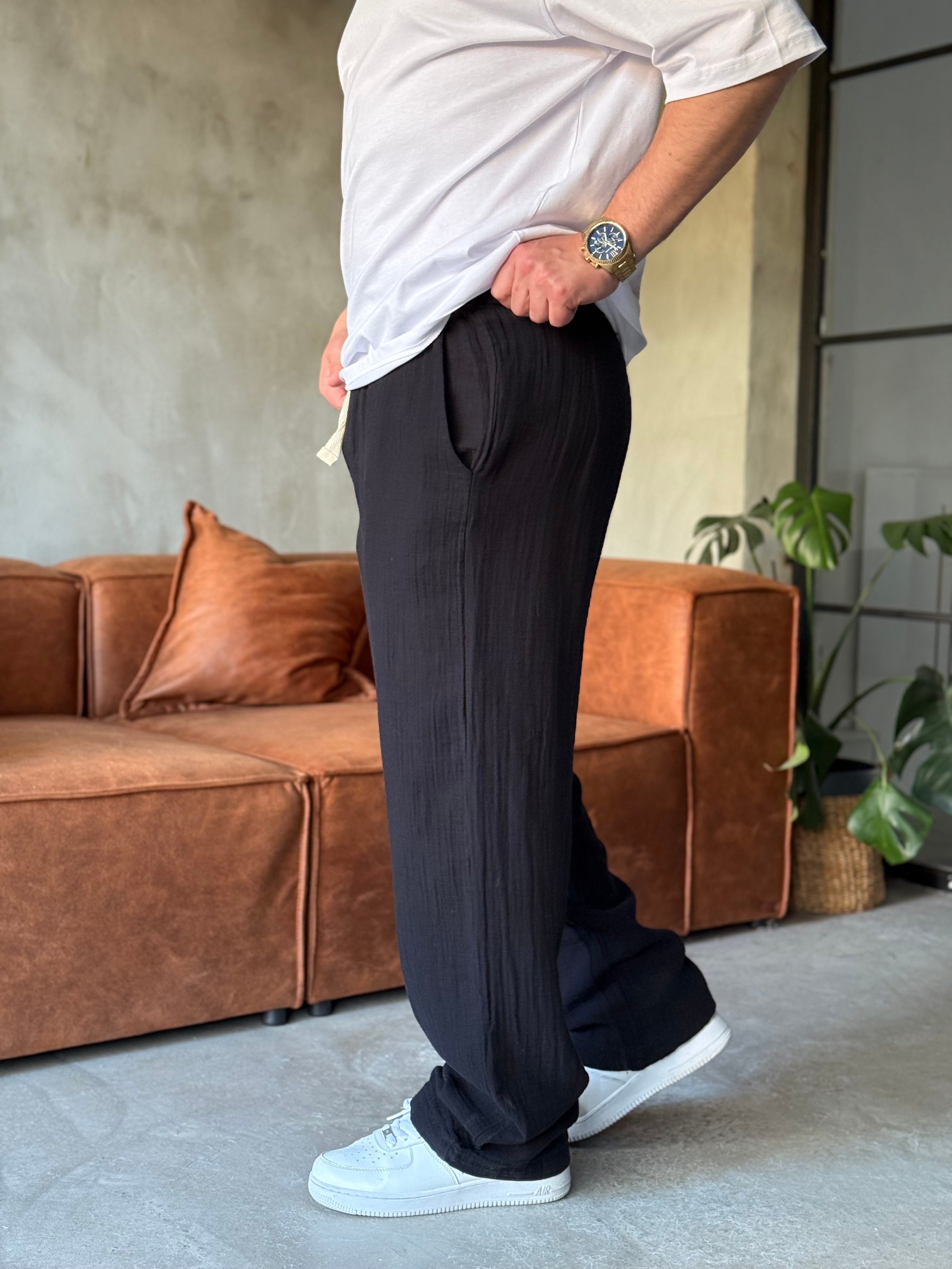 Siyah Baggy Pamuklu Müslin Pantolon