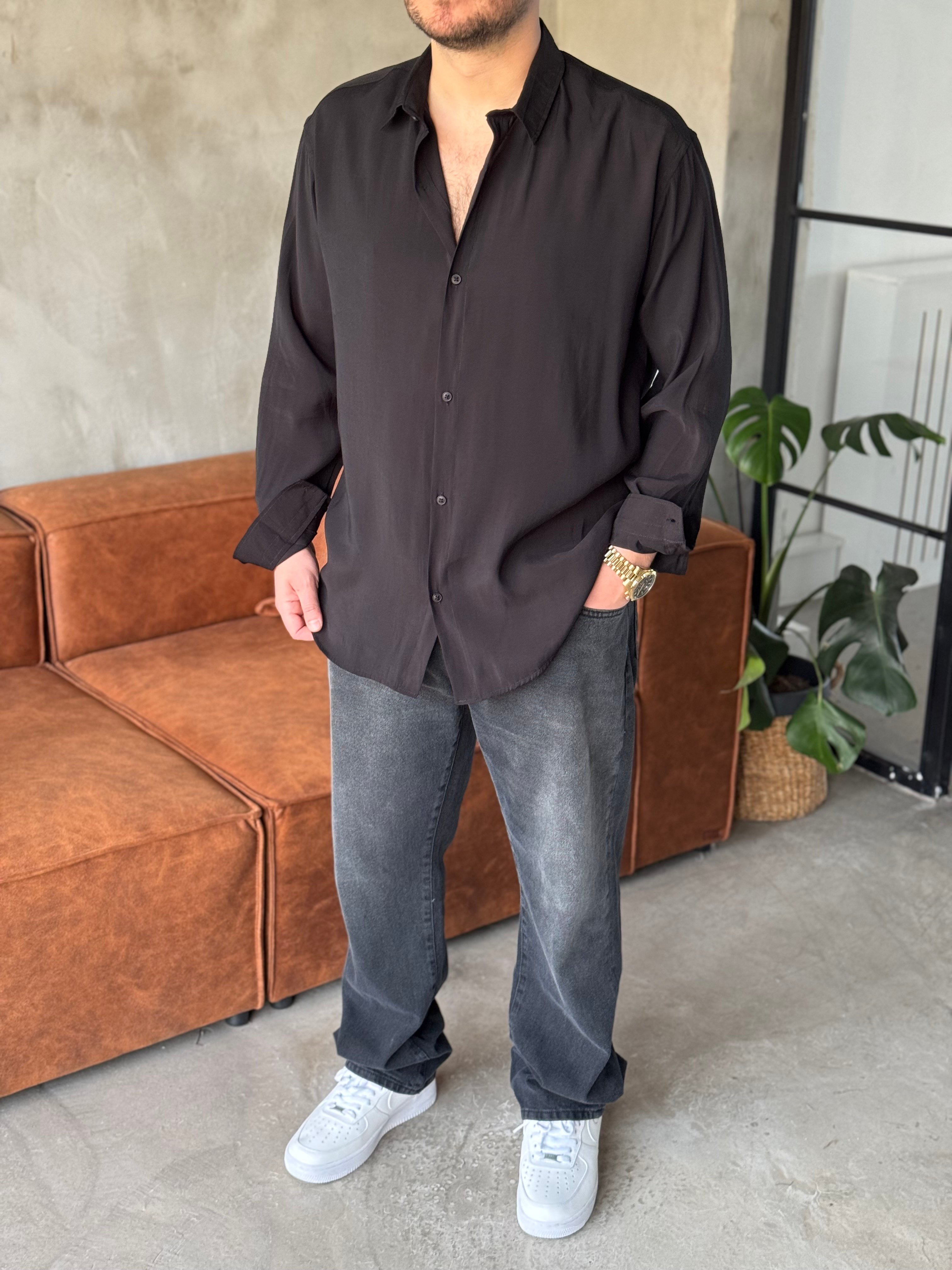 Siyah Oversize Tensel Kumaş Gömlek