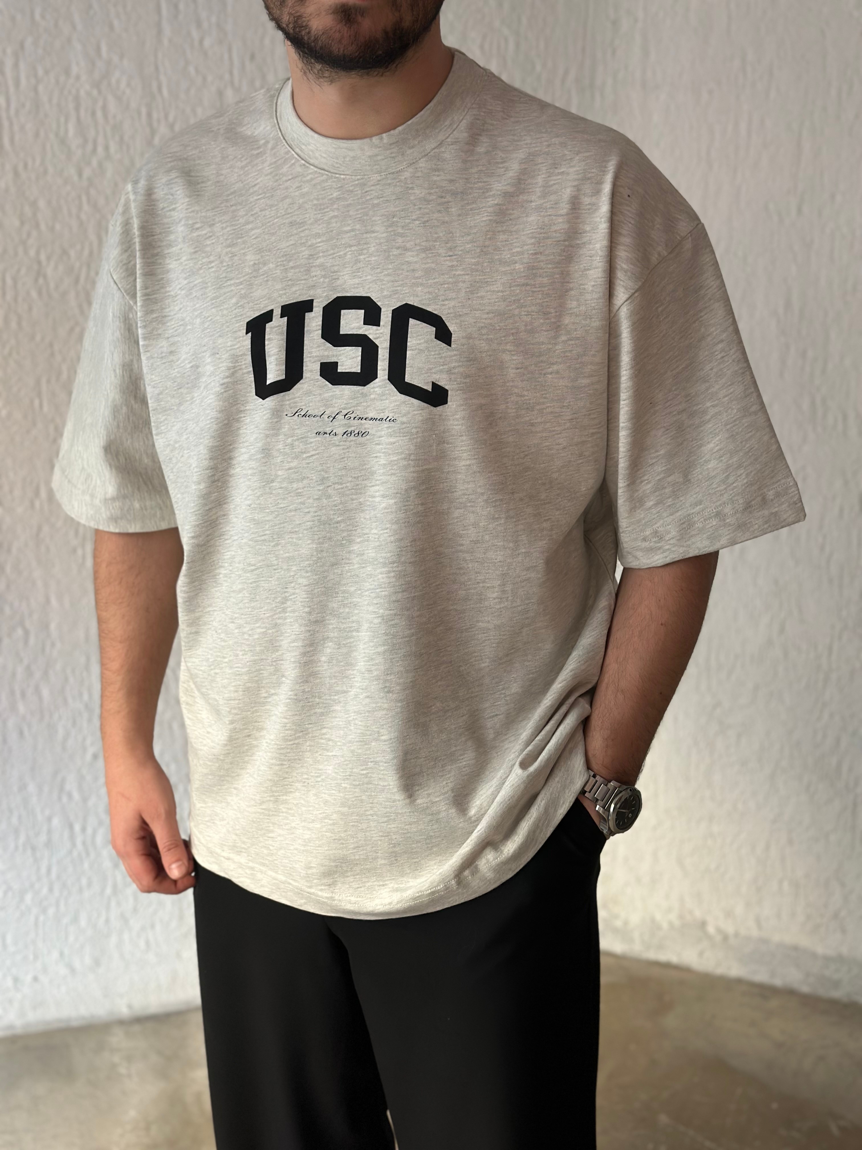 USC Baskılı Gri Oversize T-Shirt
