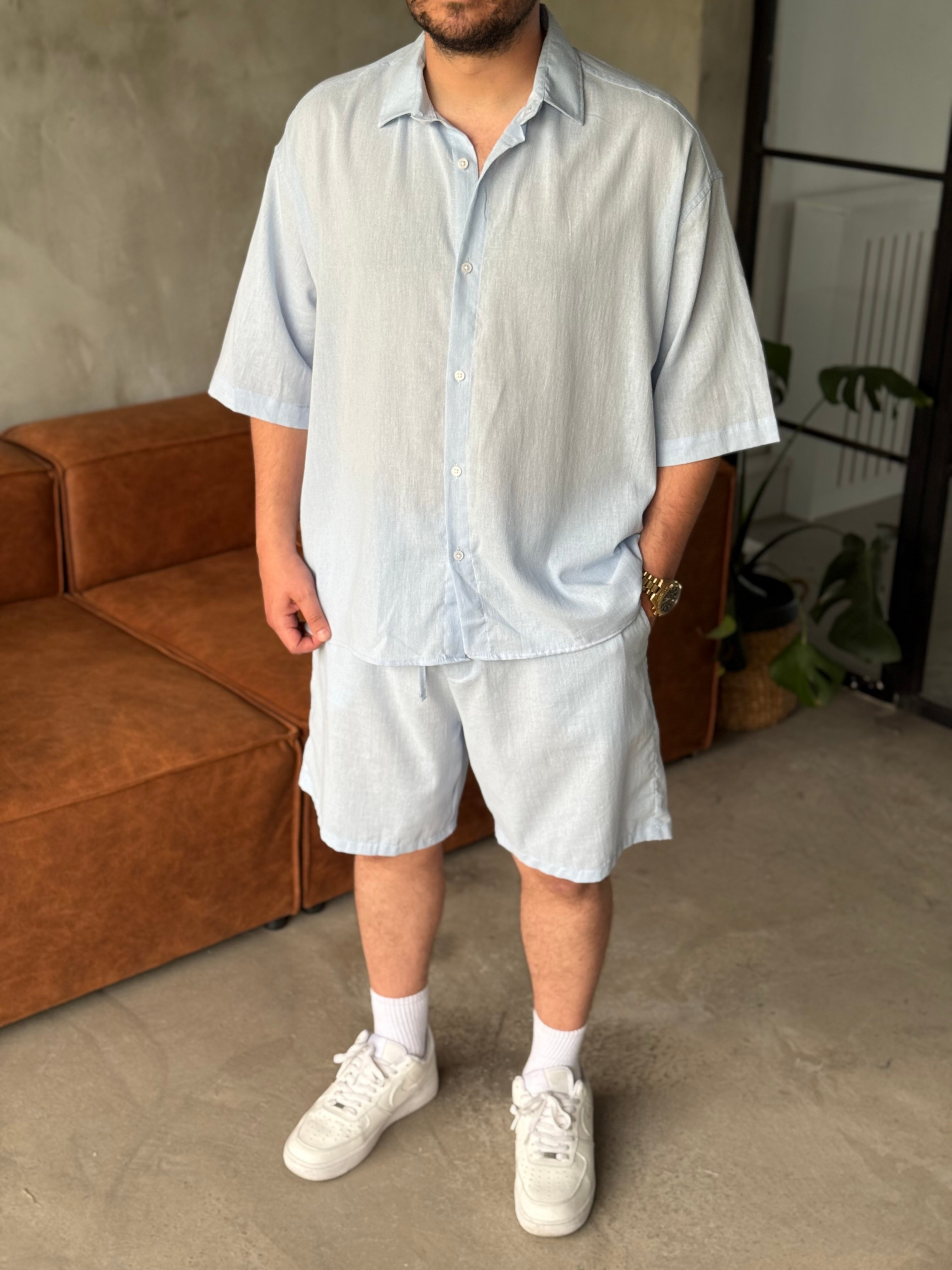 Bebe Mavisi Oversize Şortlu Keten Takım