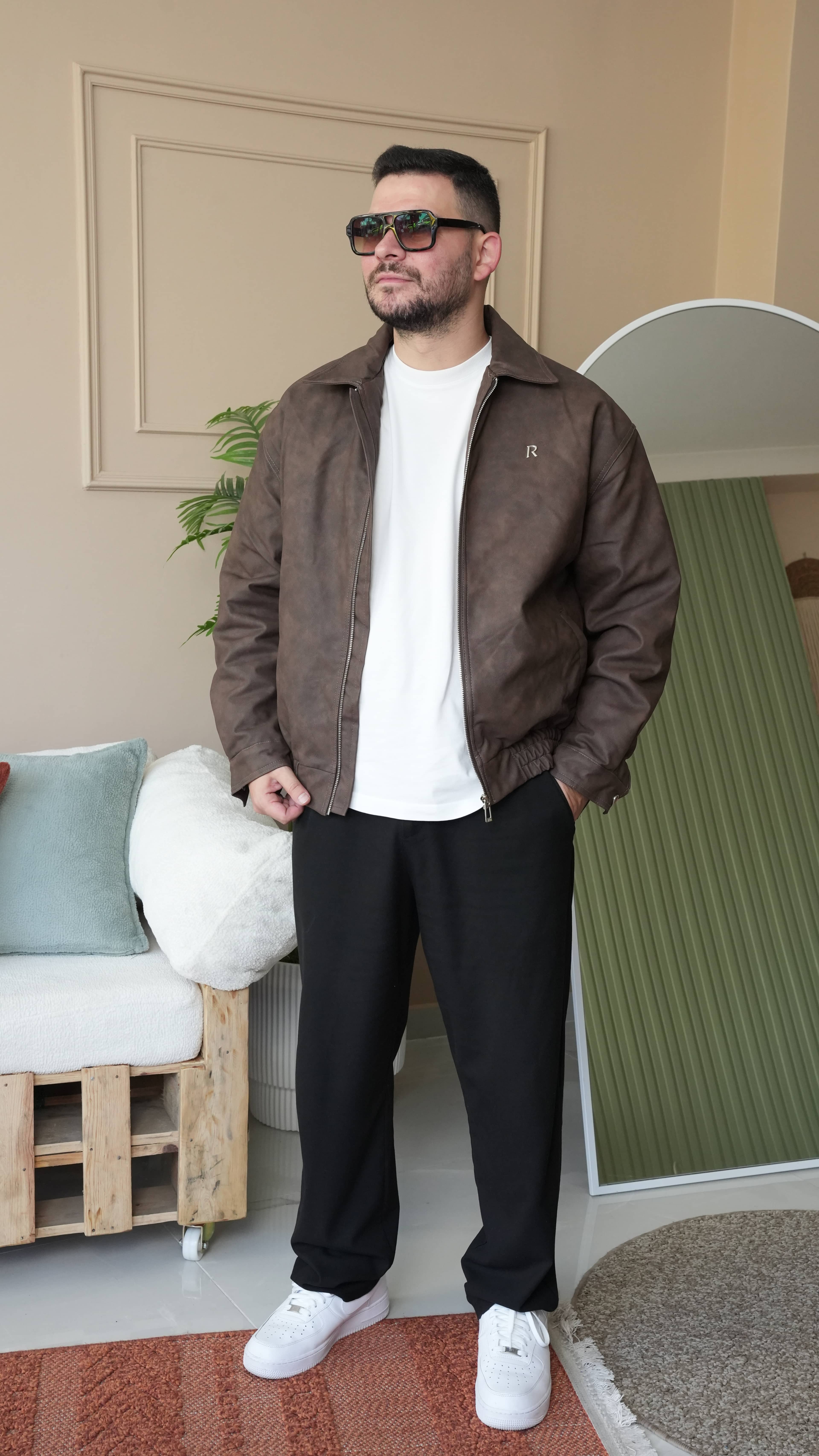 Kahve Yarı Oversize Deri Ceket