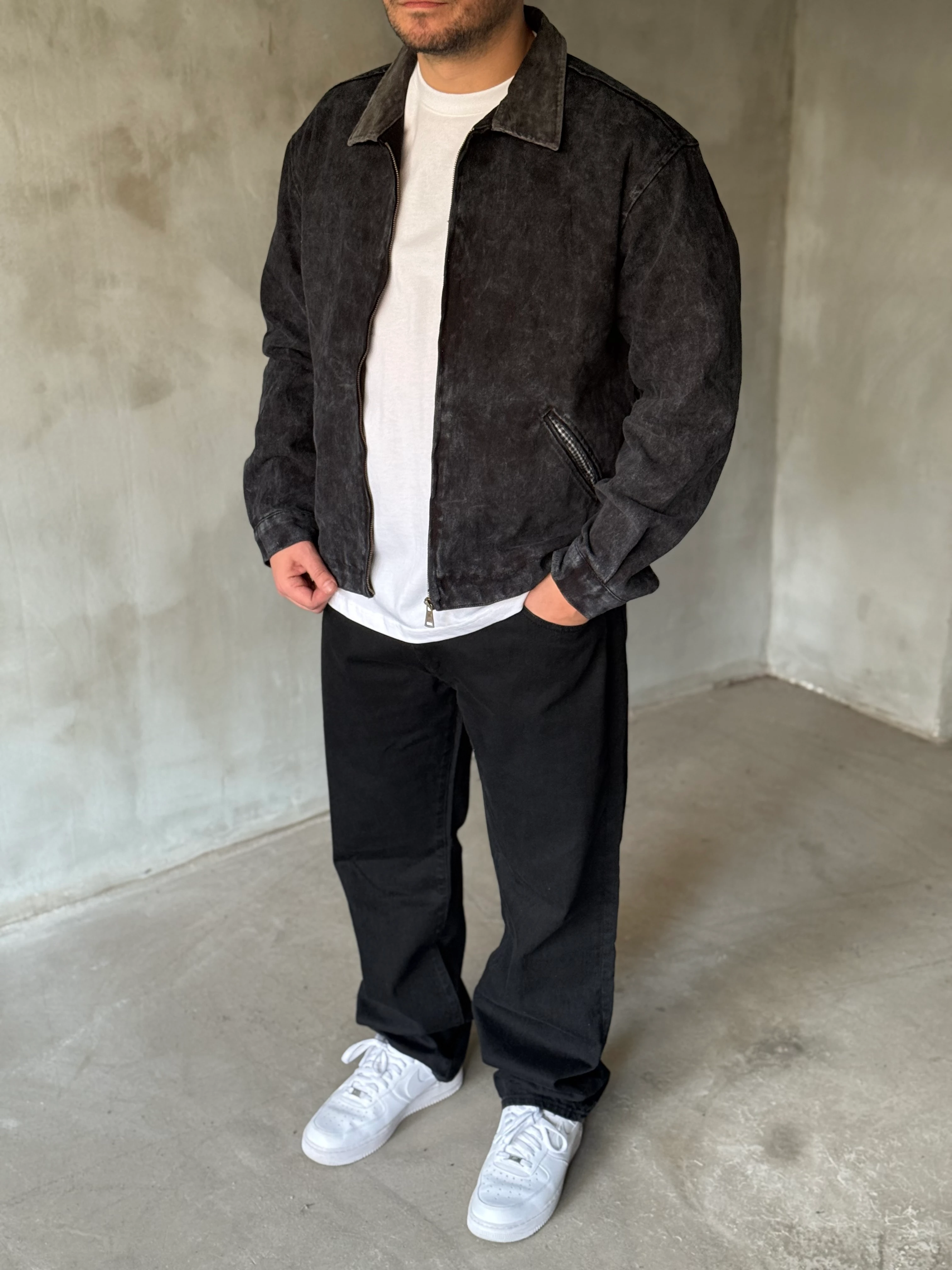 Siyah Yıkamalı Ekose Detaylı Kot Ceket