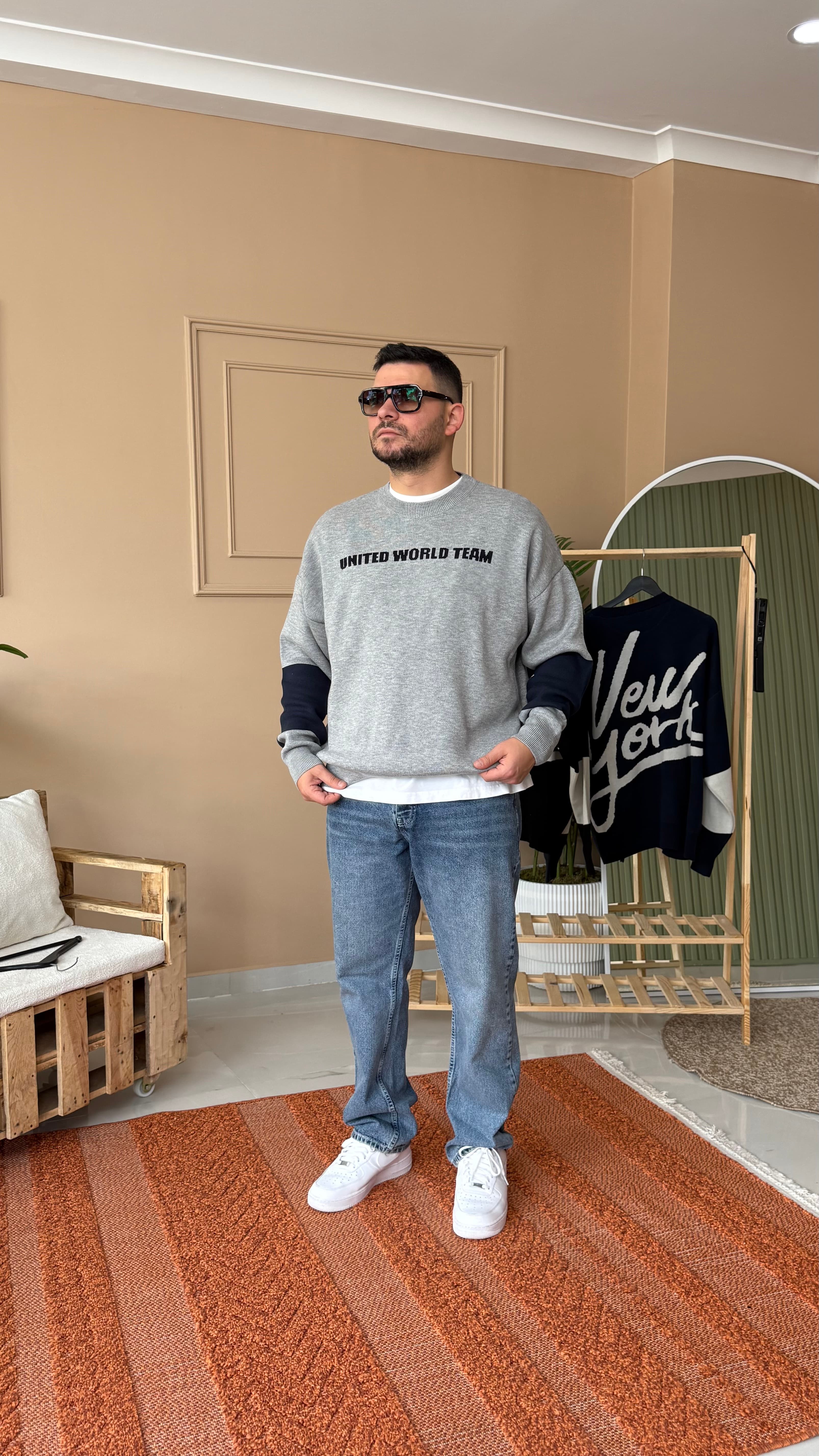 Gri NY Yazılı Oversize Triko Sweatshirt