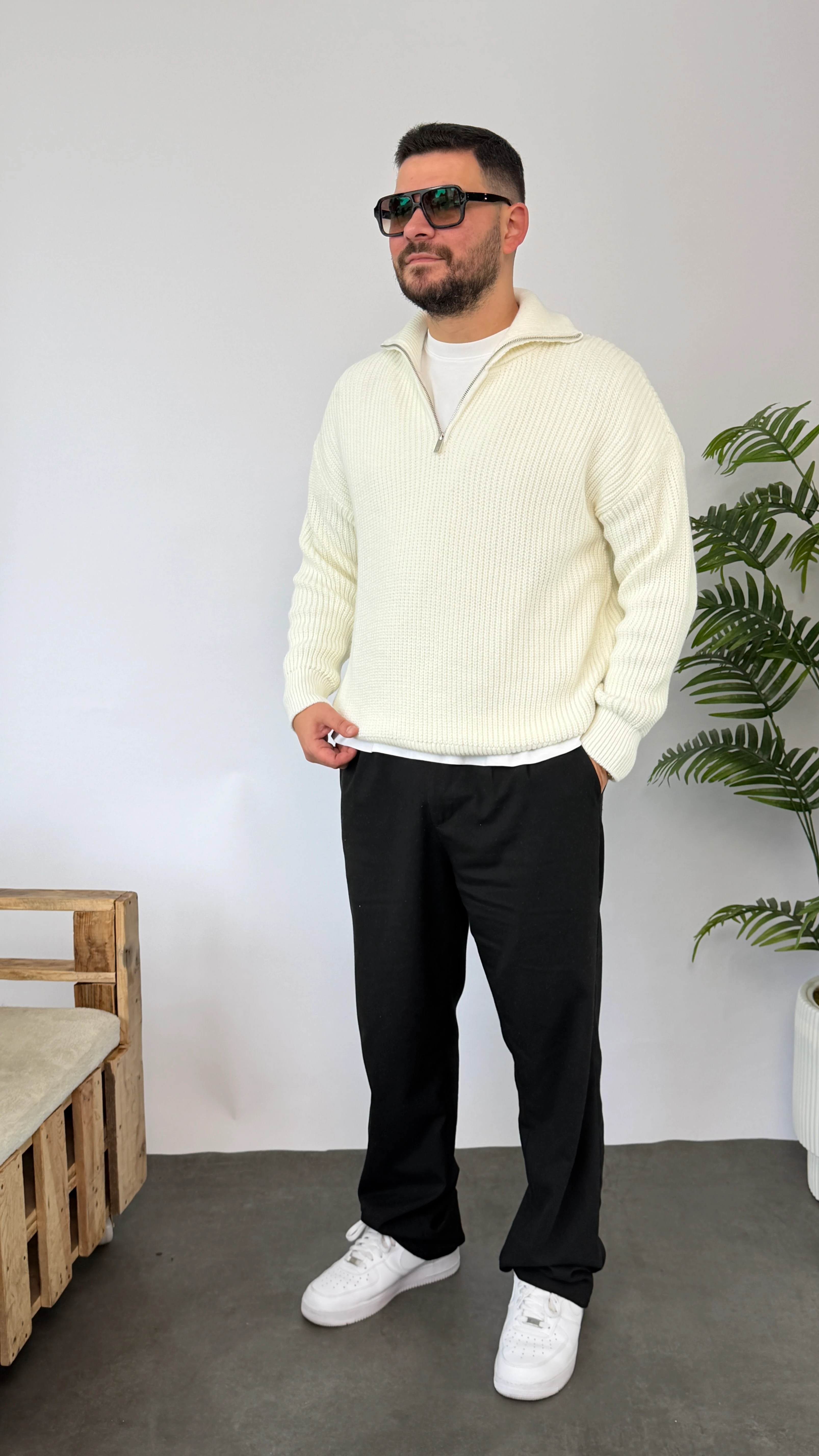 Ekru Yarım Fermuarlı Oversize Triko Kazak