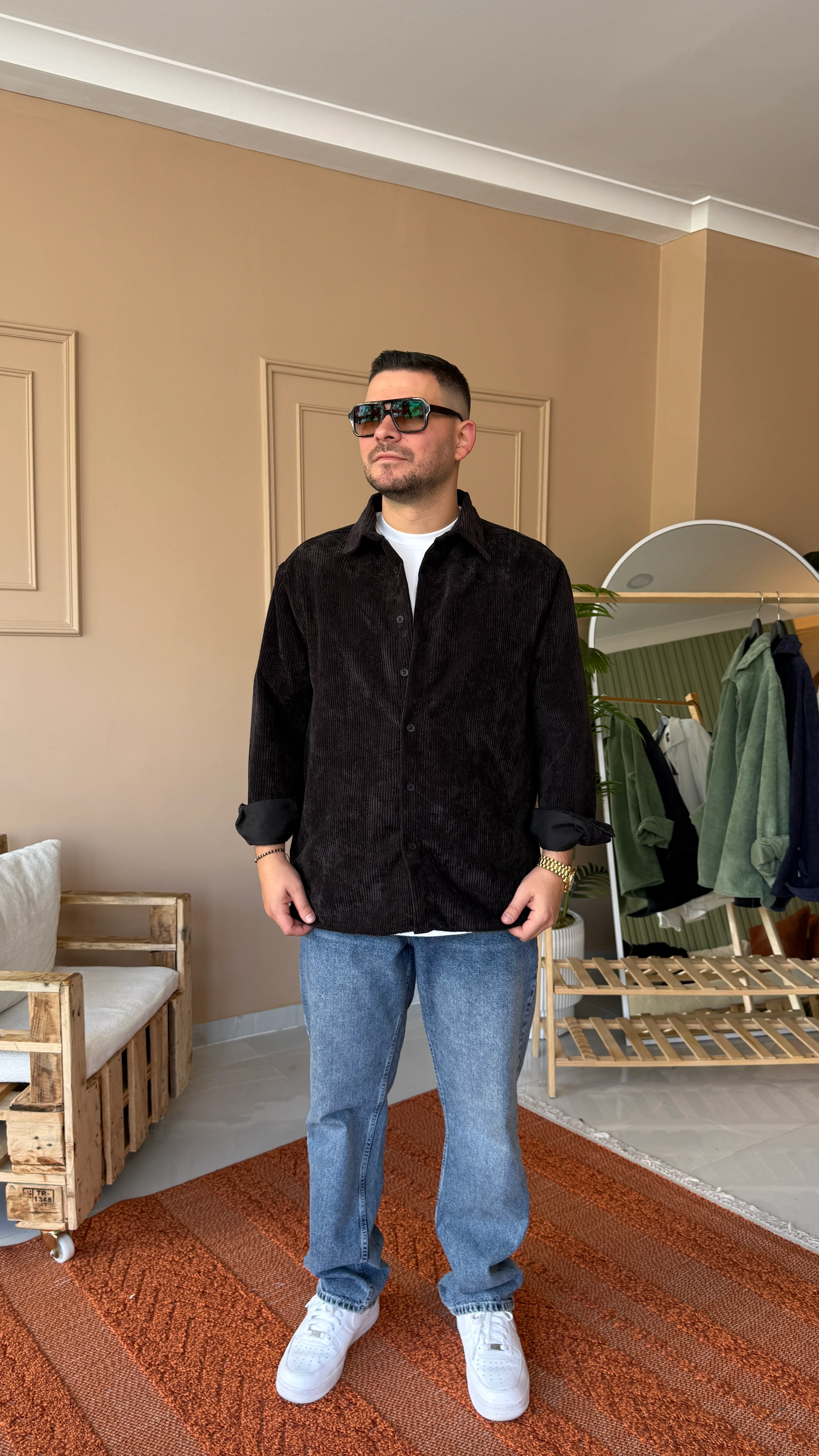 Siyah Oversize Kadife Gömlek